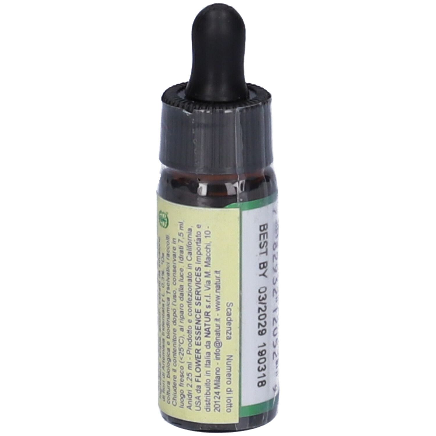 Flacone di vetro marrone con contagocce nero. Etichetta con informazioni sul prodotto e data di scadenza. Volume: 7,5 ml.