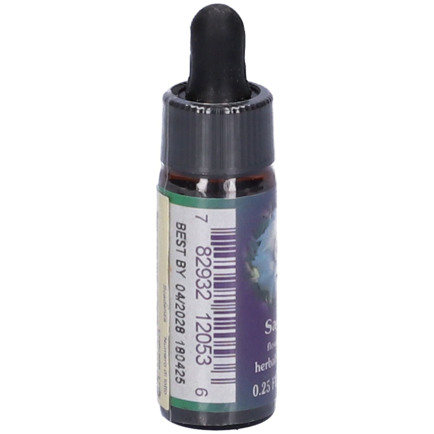 Flacone di vetro marrone con tappo nero e pipetta. Etichetta con codice a barre e data di scadenza.