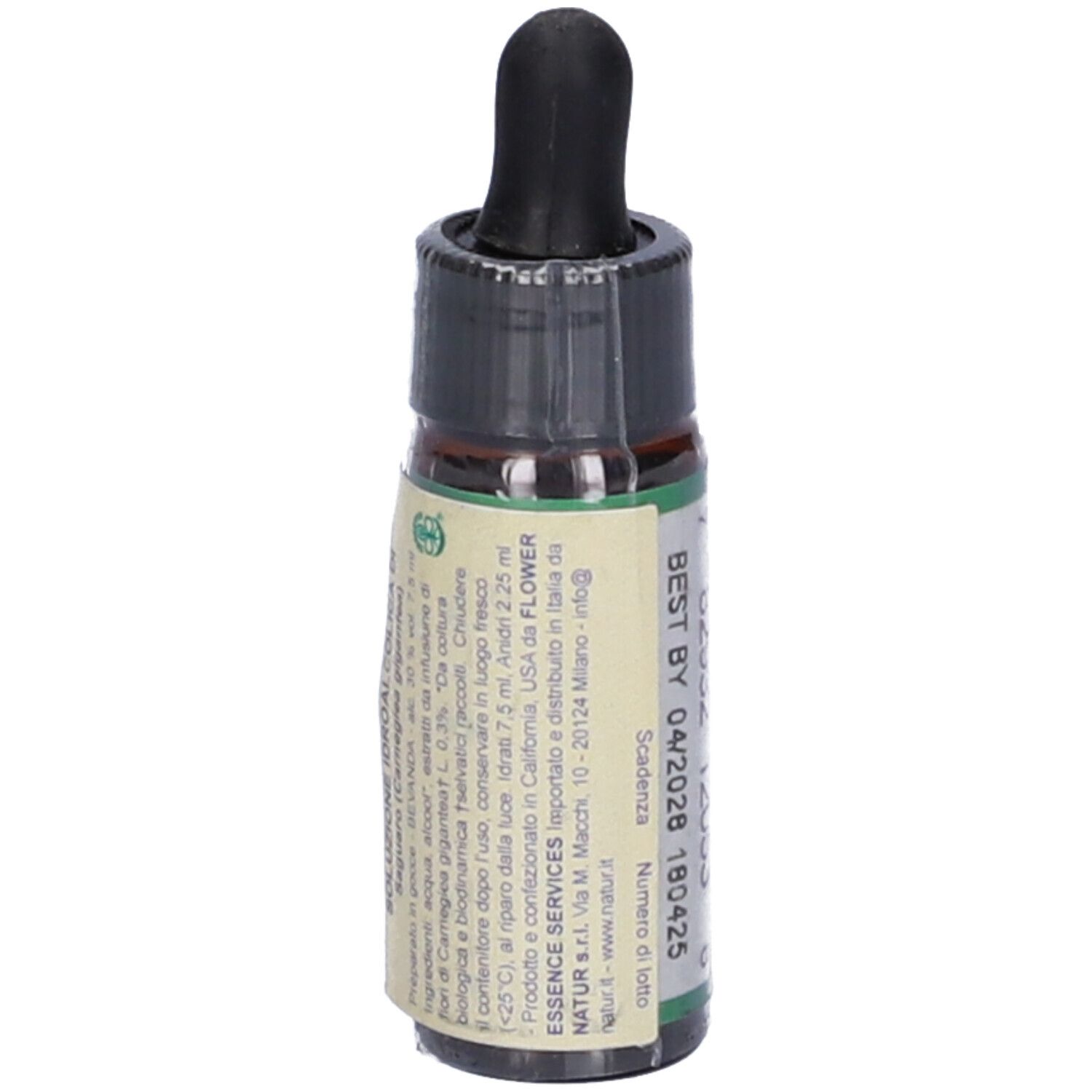 Flacone di vetro marrone con tappo nero e pipetta. Etichetta con testo, logo e data di scadenza.