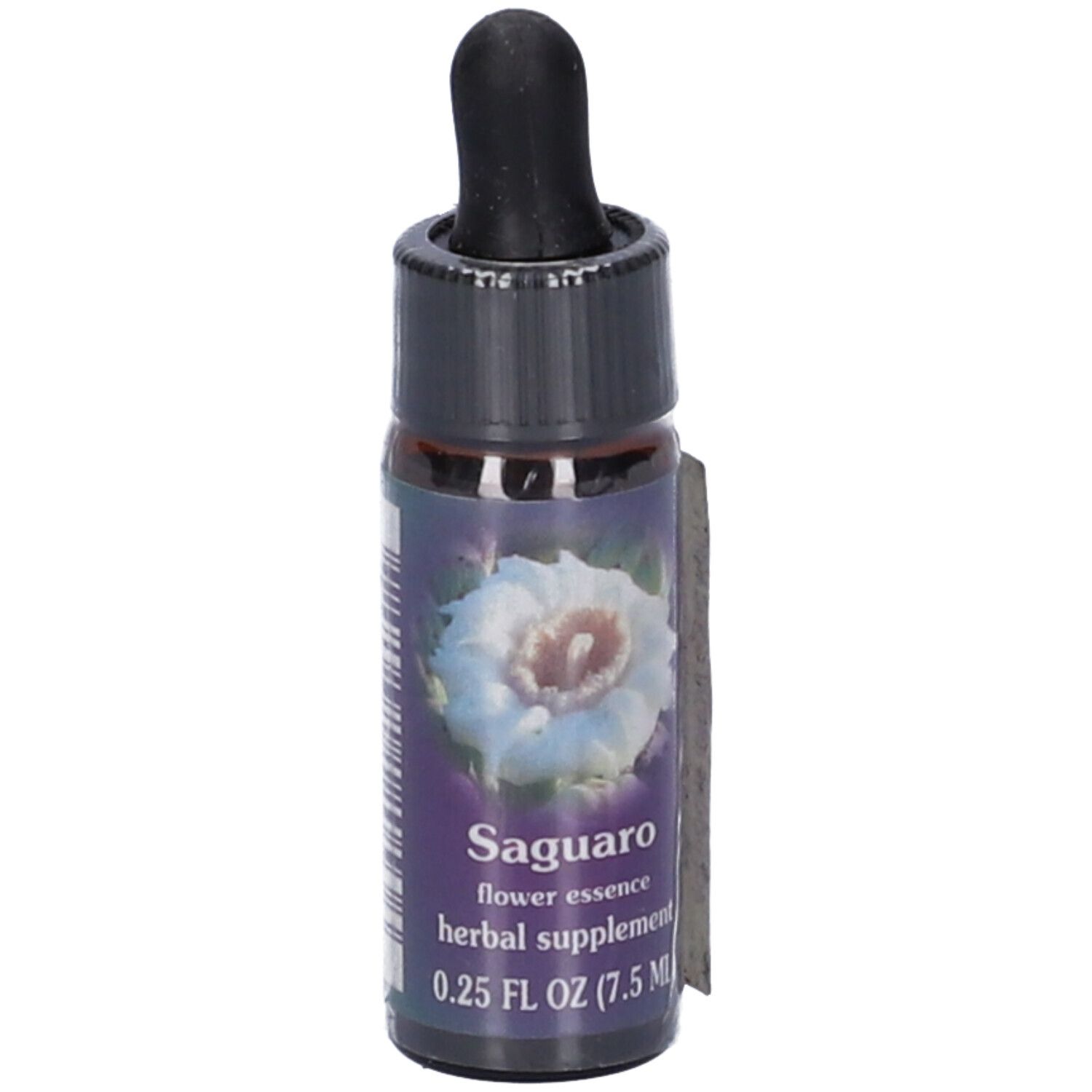 Flacone di vetro marrone con tappo nero e pipetta. Etichetta con essenza di fiori di Saguaro e motivo floreale.