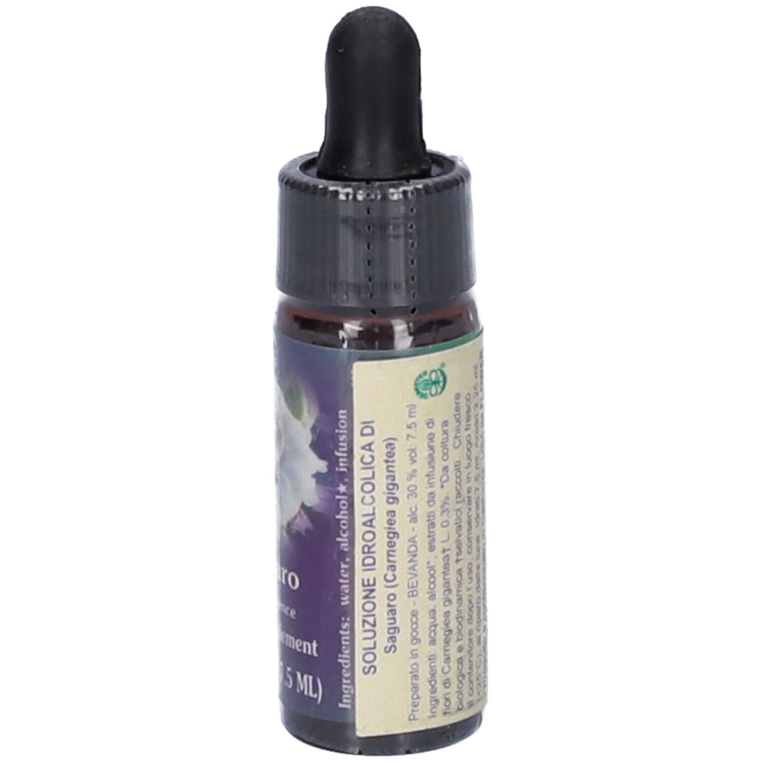 Flacone di vetro marrone con tappo nero e pipetta. Etichetta con informazioni sul prodotto e motivo floreale.