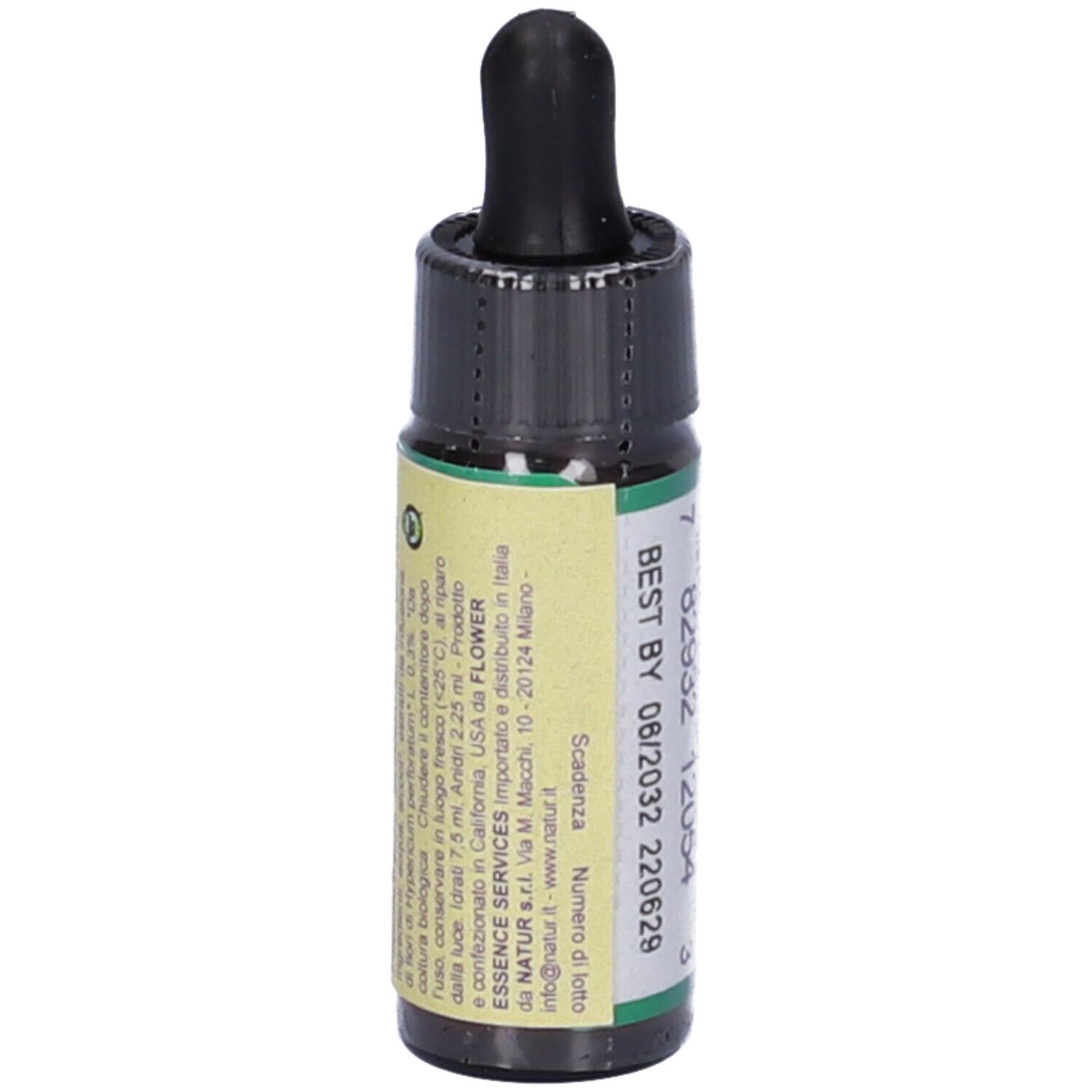 Flacone di vetro marrone con contagocce nero. Scritta: Saint John's Wort, flower essence, herbal supplement, 0.25 FL OZ (7.5 mL). Retro con testo e data di scadenza.