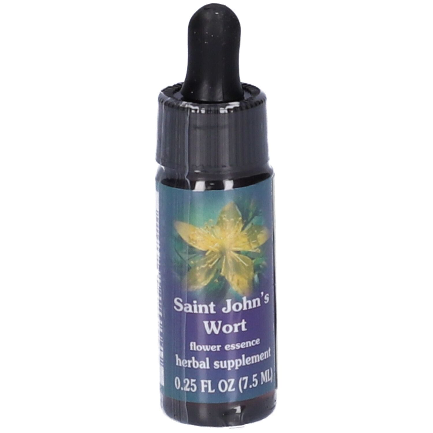 Flacone di vetro marrone con contagocce nero. Scritta: Saint John's Wort, flower essence, herbal supplement, 0.25 FL OZ (7.5 mL).