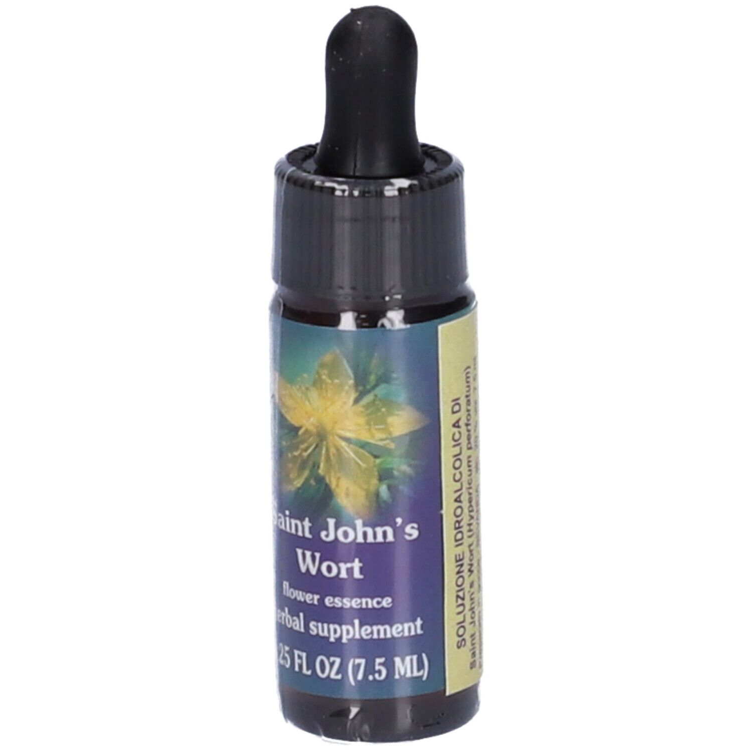 Flacone di vetro marrone con contagocce nero. Scritta: Saint John's Wort, flower essence, herbal supplement, 0.25 FL OZ (7.5 mL). Etichetta con informazioni aggiuntive.