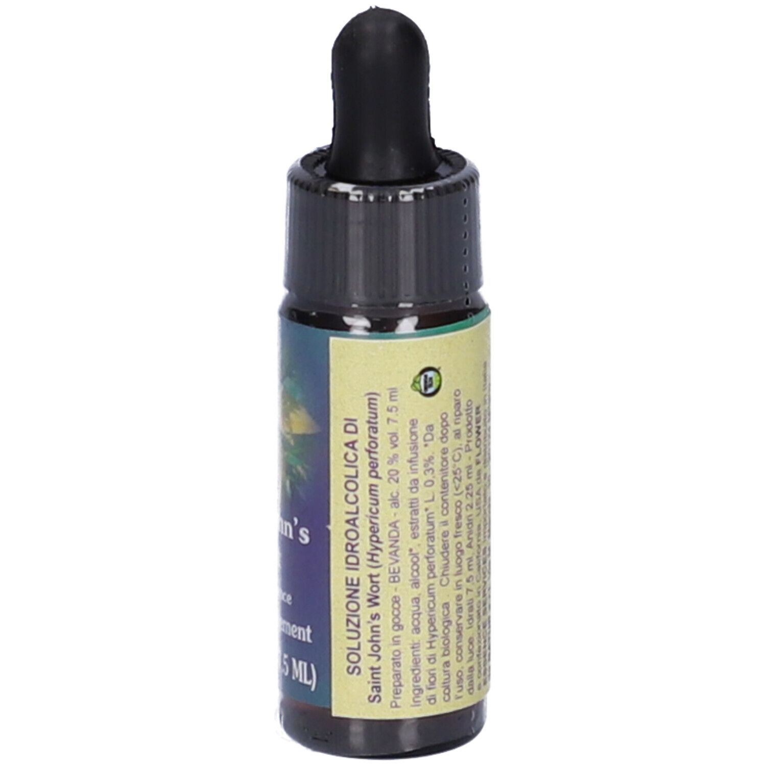Flacone di vetro marrone con contagocce nero. Scritta: Soluzione Idroalcolica di Saint John's Wort. Etichetta con ingredienti e informazioni.