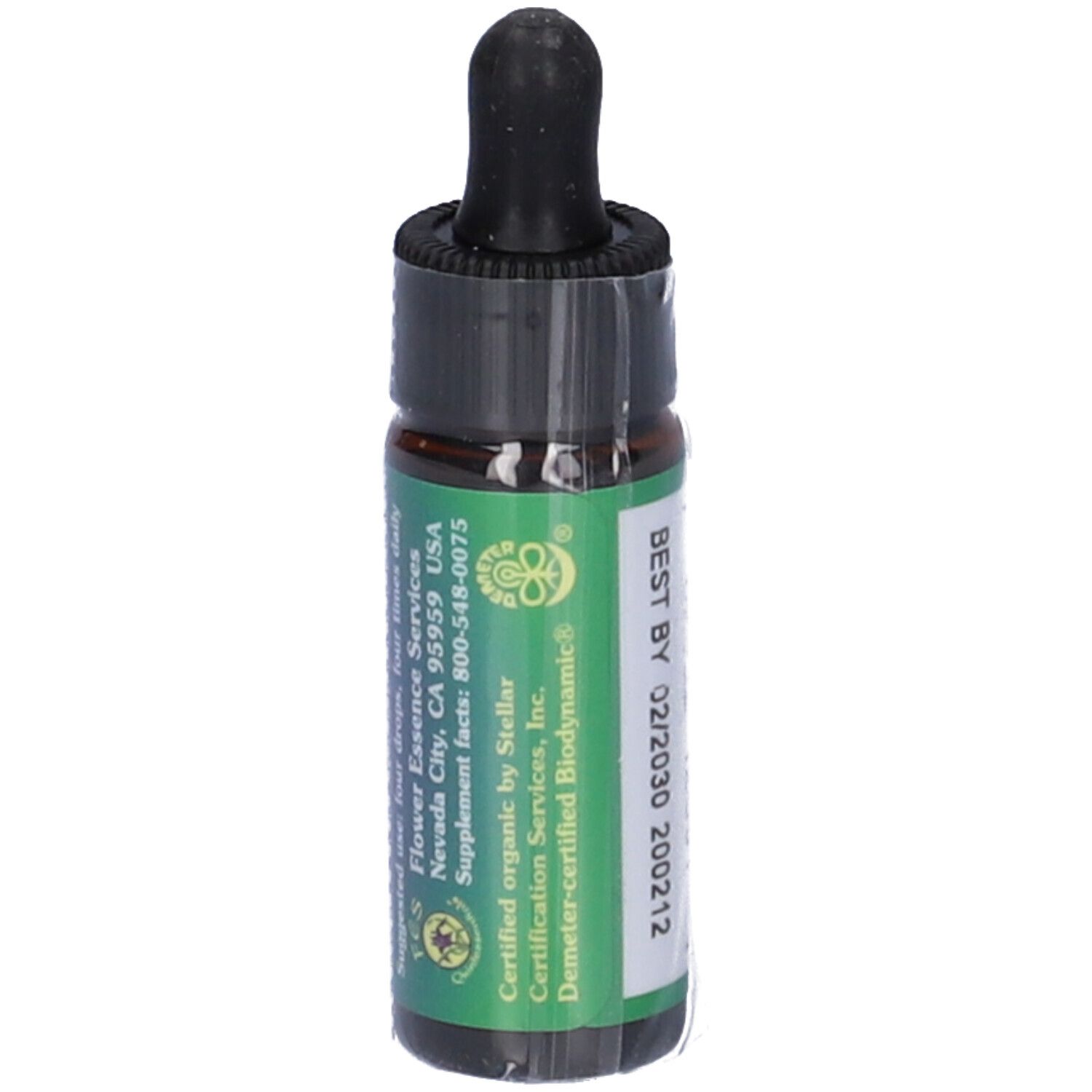 Flacone di vetro marrone con contagocce nero. Etichetta con certificazione Demeter e "BEST BY 02/2030".