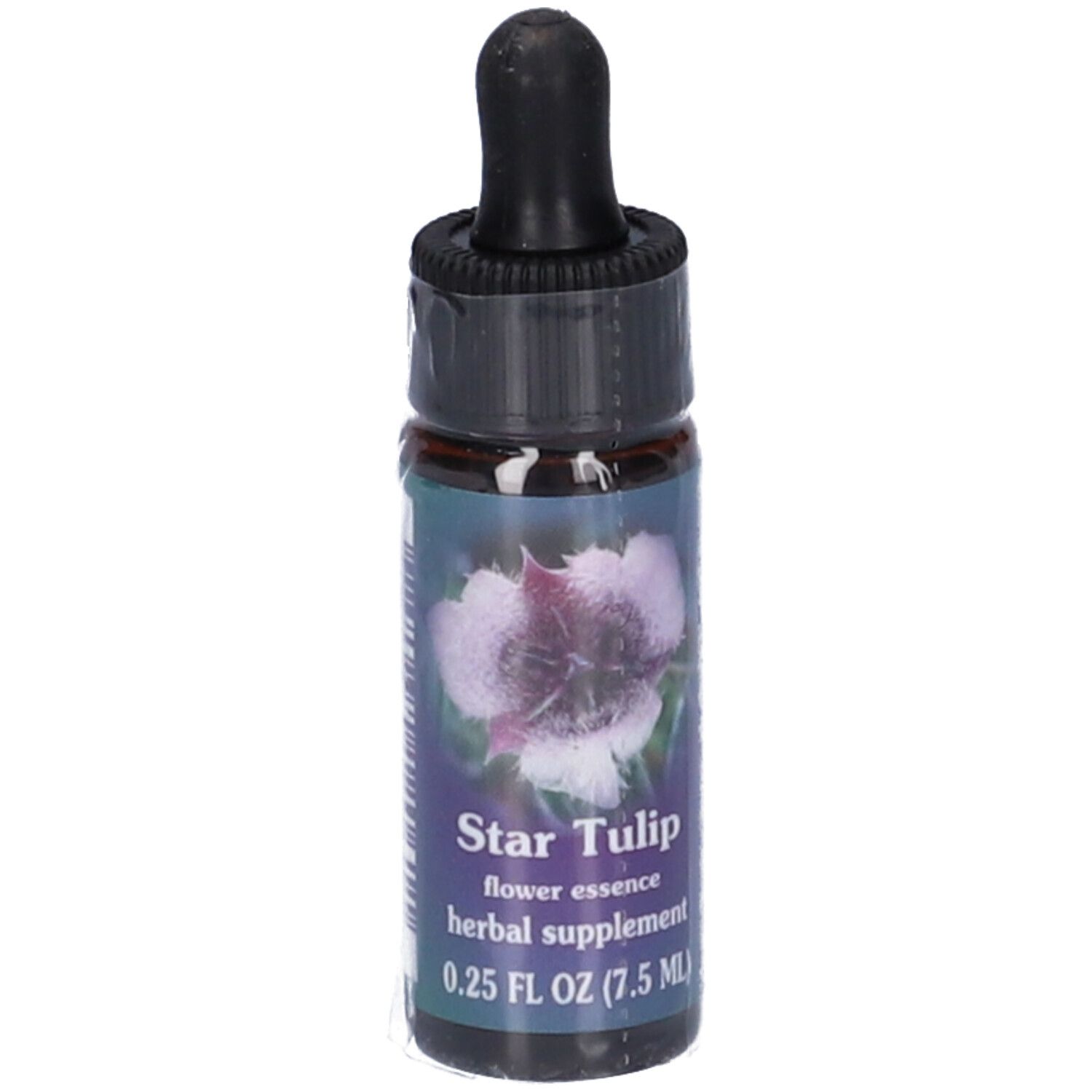 Flacone di vetro marrone con contagocce nero. Etichetta "Star Tulip flower essence herbal supplement" e ingredienti.