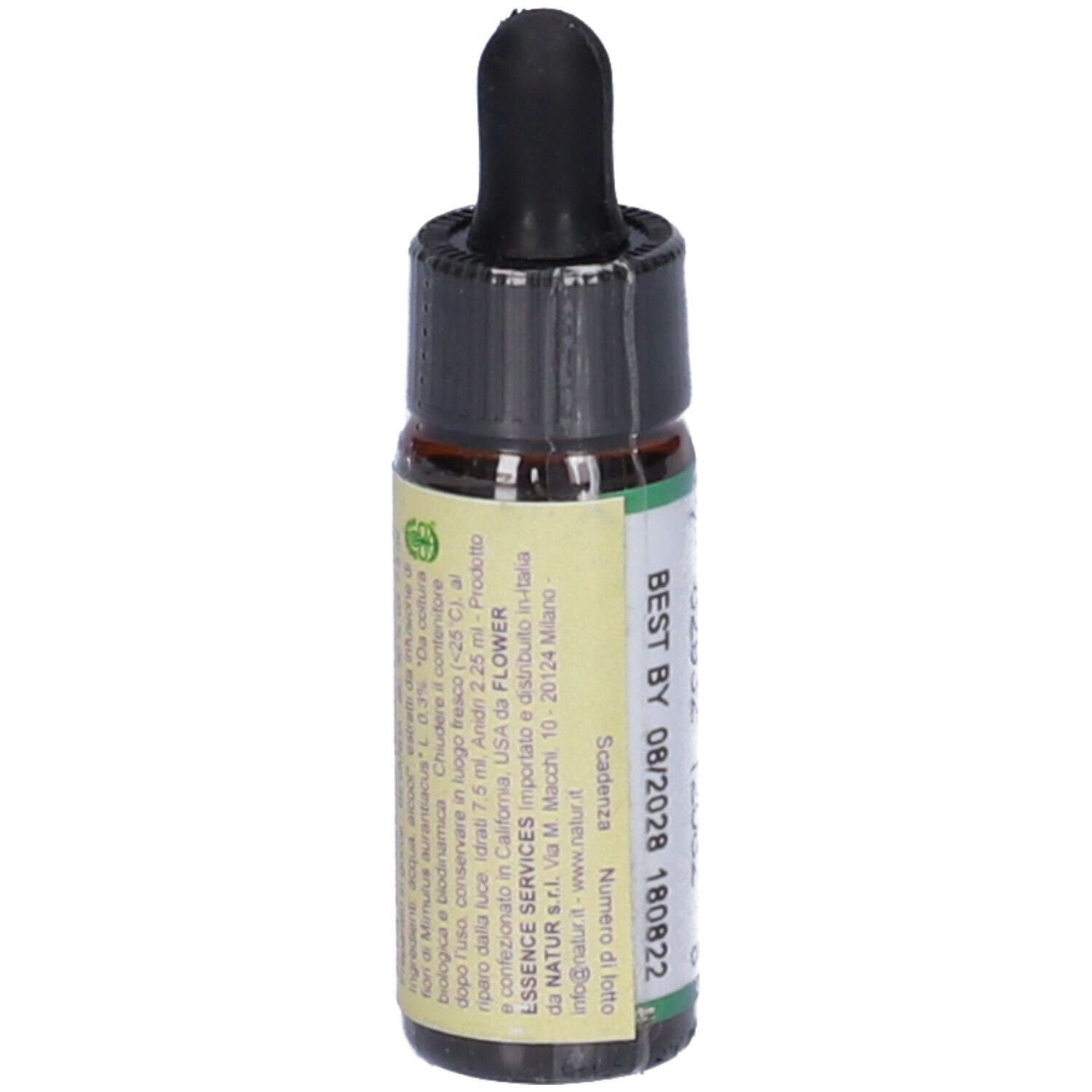 Flacone di vetro marrone con tappo nero. Etichetta con testo: Sticky Monkeyflower, 7,5 ml. Scadenza 08/2028. Testo aggiuntivo in italiano.