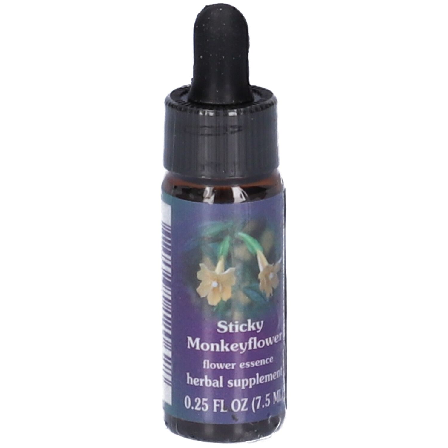 Flacone di vetro marrone con tappo nero e contagocce. Etichetta con nome del prodotto: Sticky Monkeyflower, 7,5 ml.