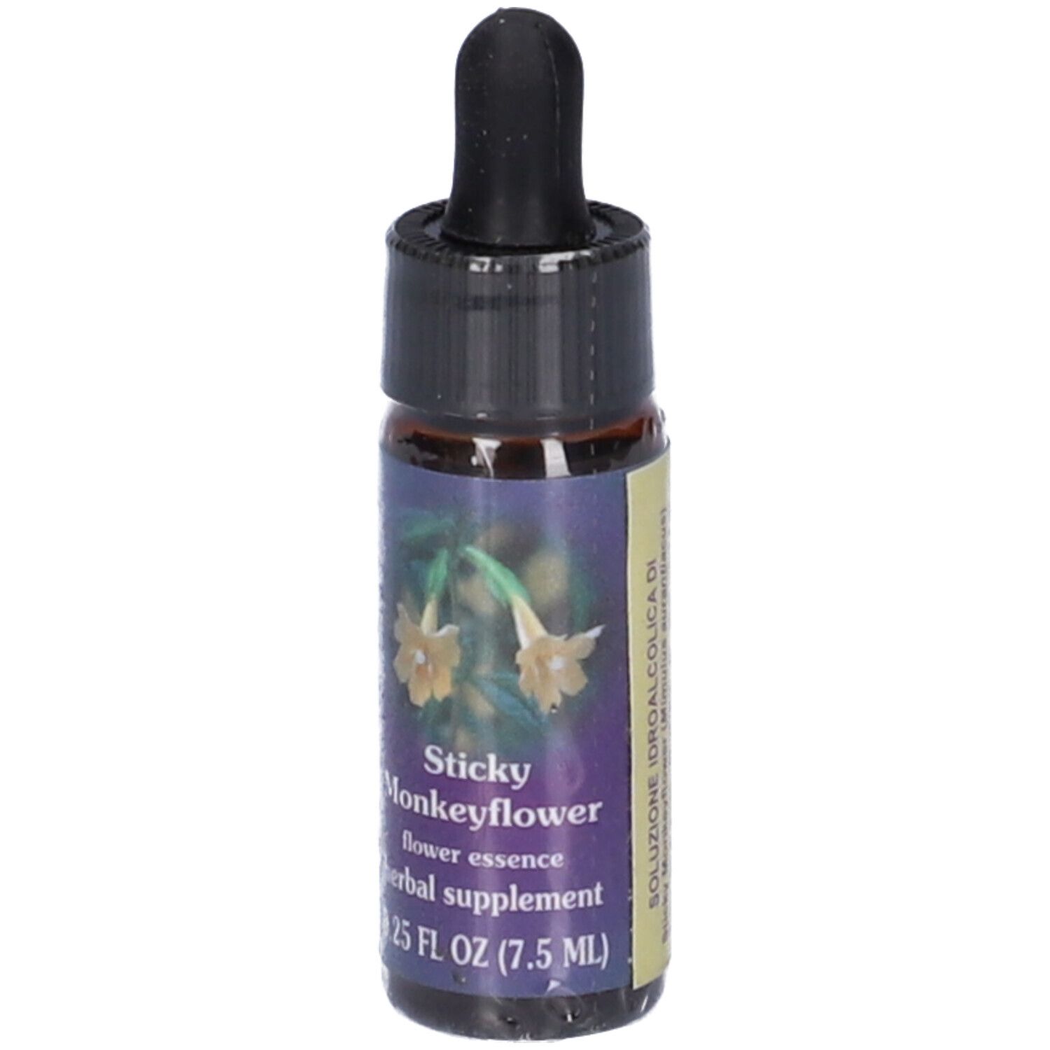 Flacone di vetro marrone con tappo nero e contagocce. Etichetta con nome del prodotto: Sticky Monkeyflower, 7,5 ml. Testo aggiuntivo in italiano.
