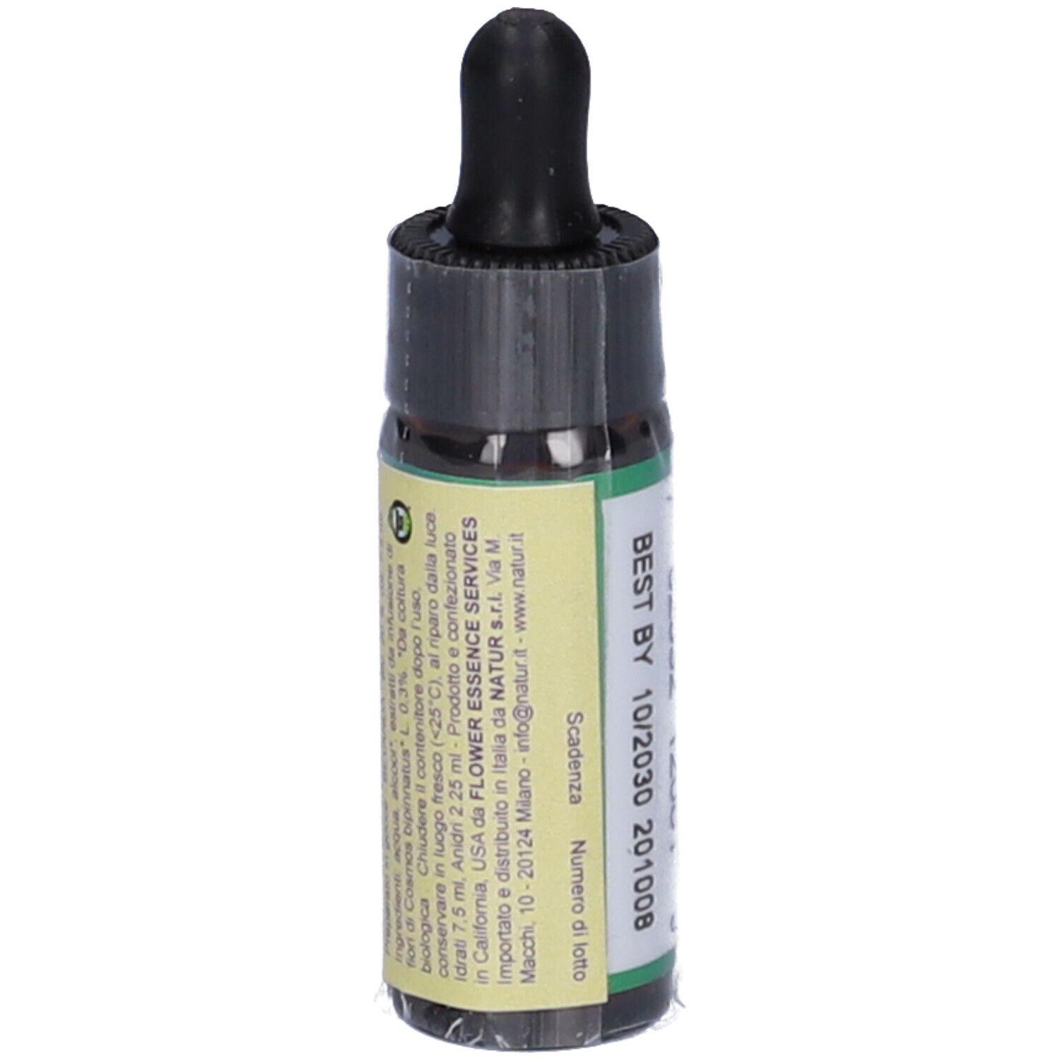 Piccola bottiglia di vetro con contagocce. Scritta: Cosmos flower essence herbal supplement. Testo e data di scadenza.