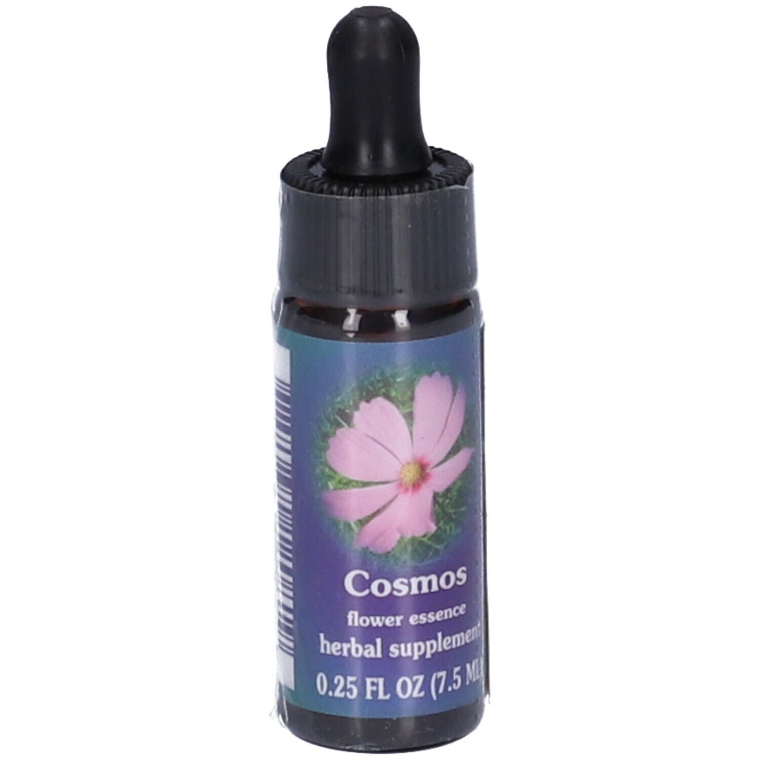 Piccola bottiglia di vetro con contagocce. Scritta: Cosmos flower essence herbal supplement 0.25 FL OZ (7.5 ml).
