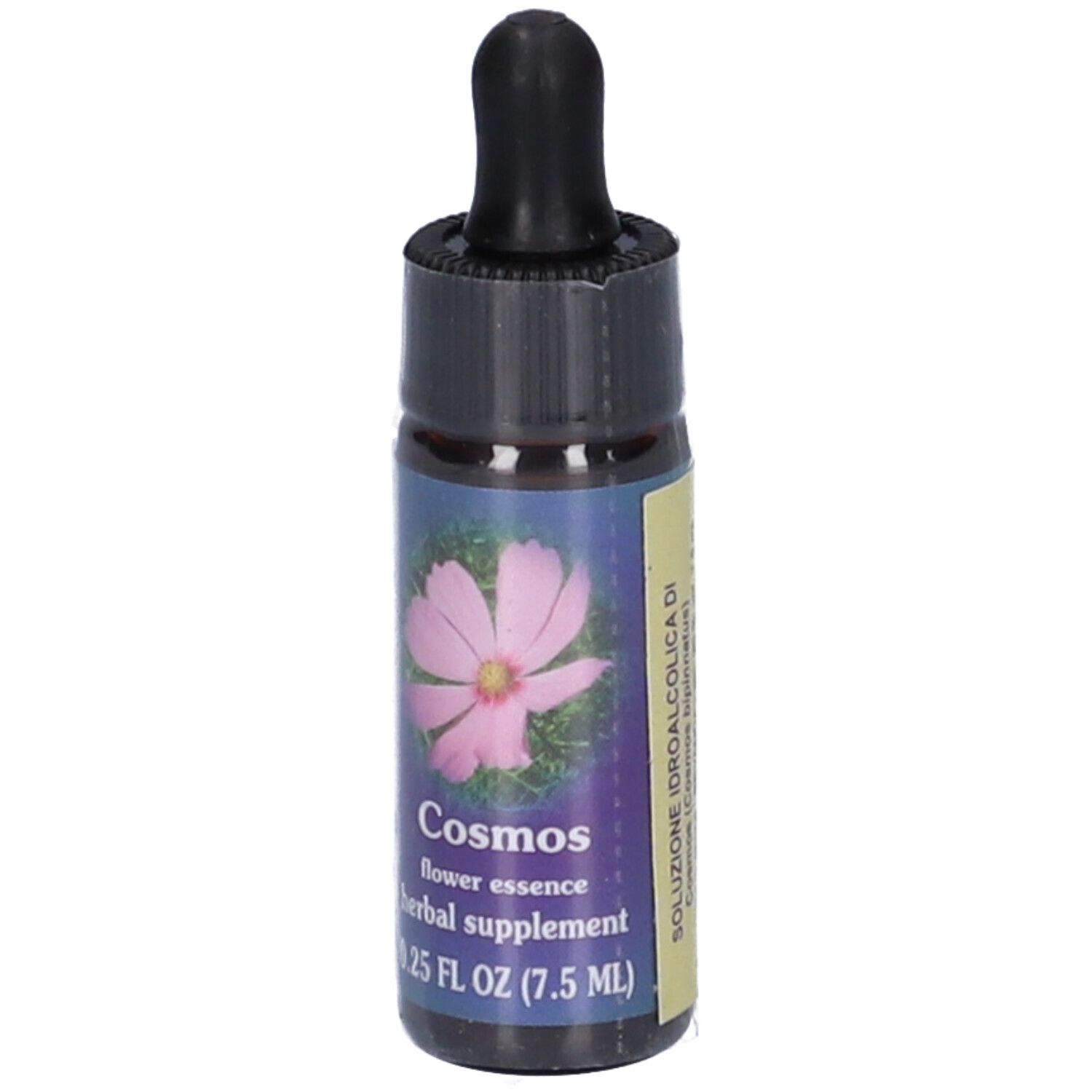 Piccola bottiglia di vetro con contagocce. Scritta: Cosmos flower essence herbal supplement 0.25 FL OZ (7.5 ml).