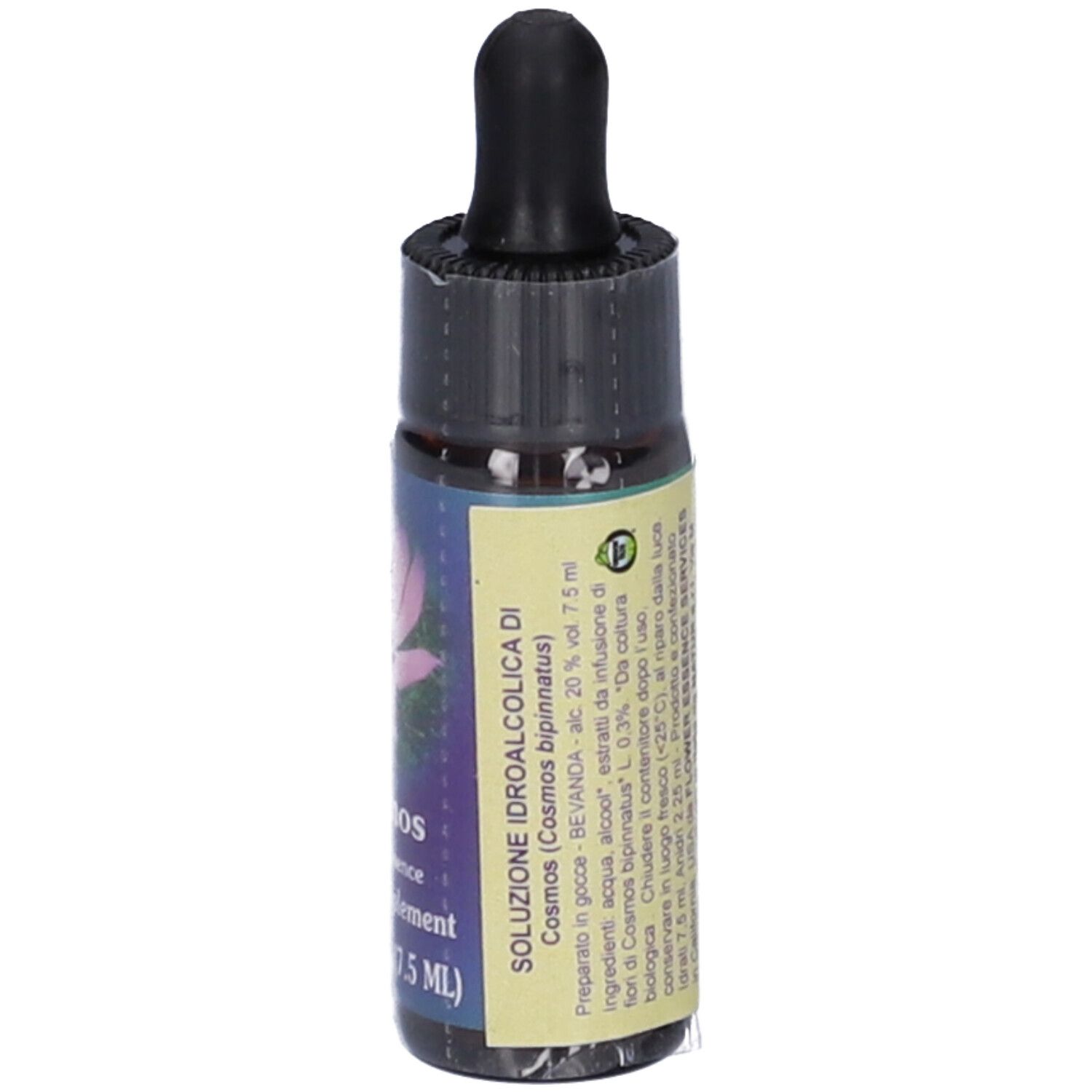 Piccola bottiglia di vetro con contagocce. Scritta: Cosmos flower essence herbal supplement 0.25 FL OZ (7.5 ml).