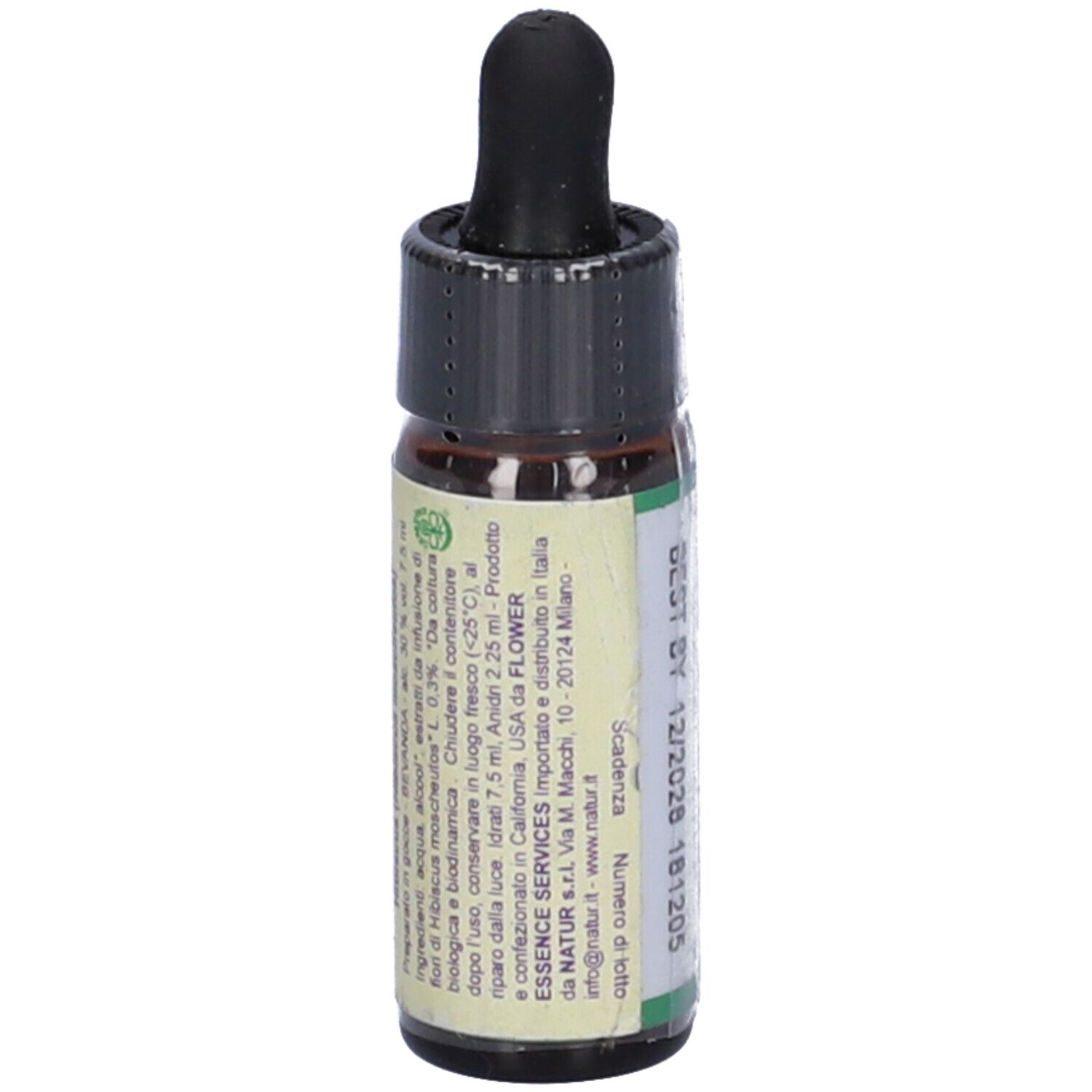 Flacone di vetro marrone con tappo nero e contagocce. Etichetta con testo e logo. Retro con testo.