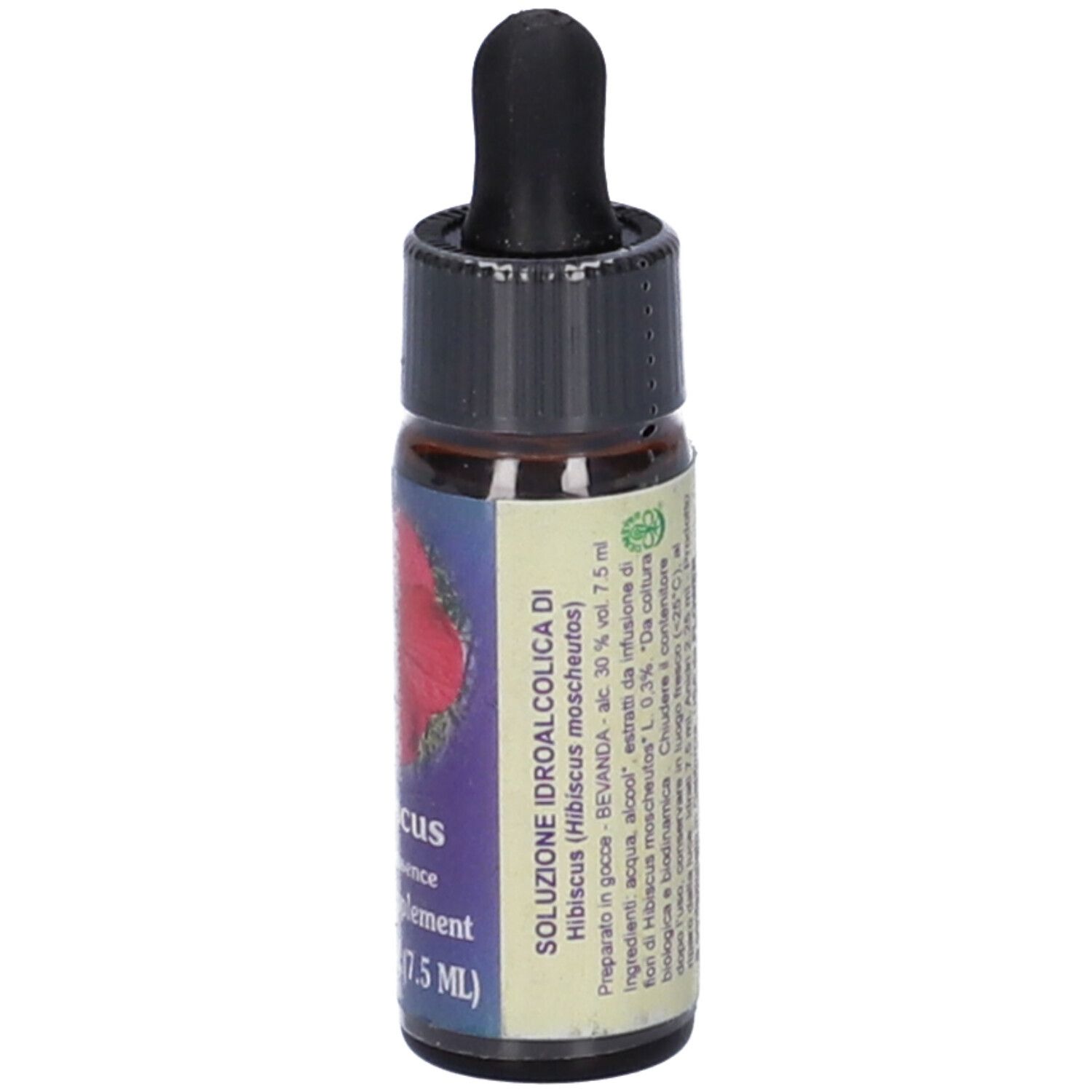 Flacone di vetro marrone con tappo nero e contagocce. Etichetta con fiore di ibisco, testo: SOLUZIONE IDROALCOLICA DI, 0.25 FL OZ (7.5 ml).