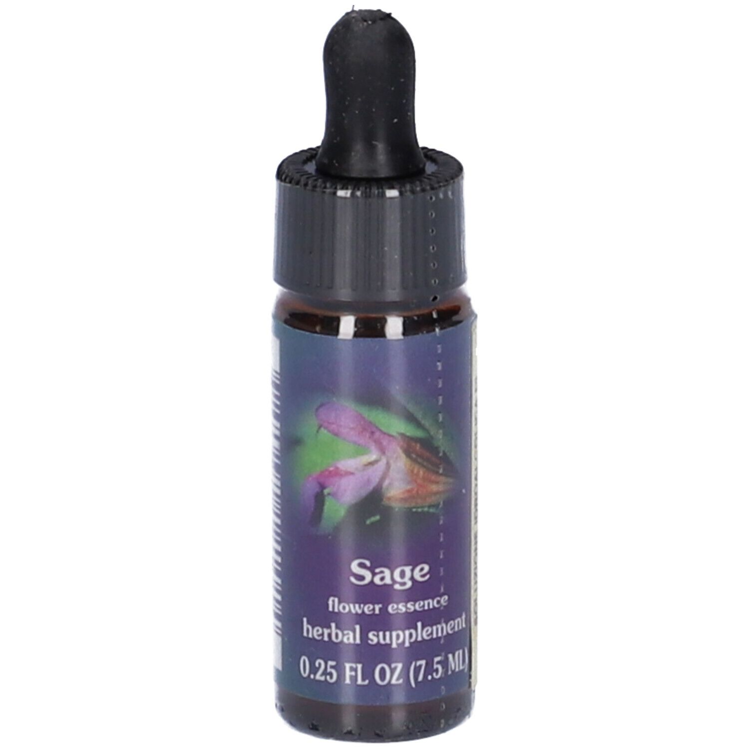 Flacone di vetro marrone con tappo nero e contagocce. Etichetta con informazioni sul prodotto: Sage flower essence herbal supplement 0.25 FL OZ (7.5 ml).