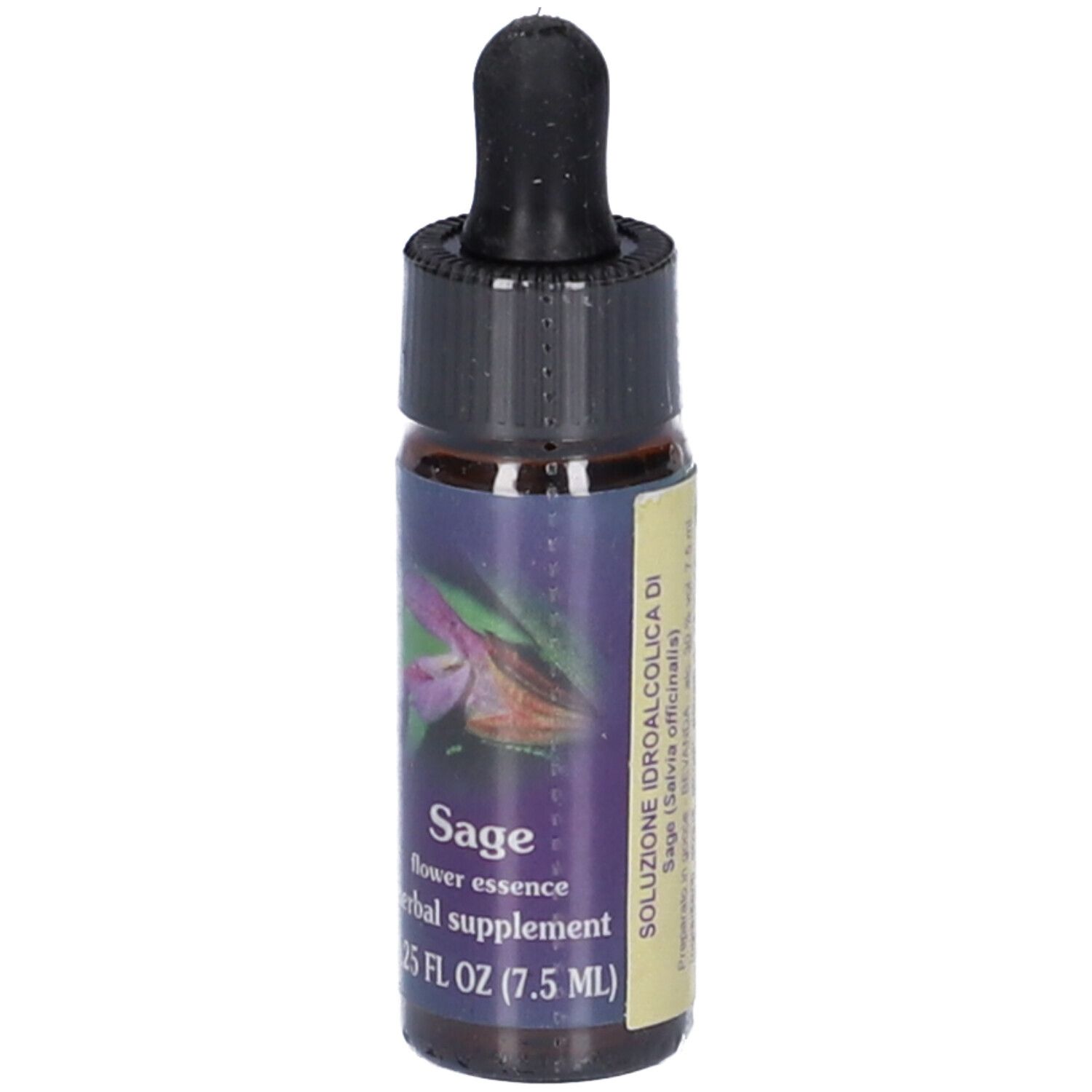 Flacone di vetro marrone con tappo nero e contagocce. Etichetta con informazioni sul prodotto: Sage (Salvia officinalis) 0.25 FL OZ (7.5 ml).