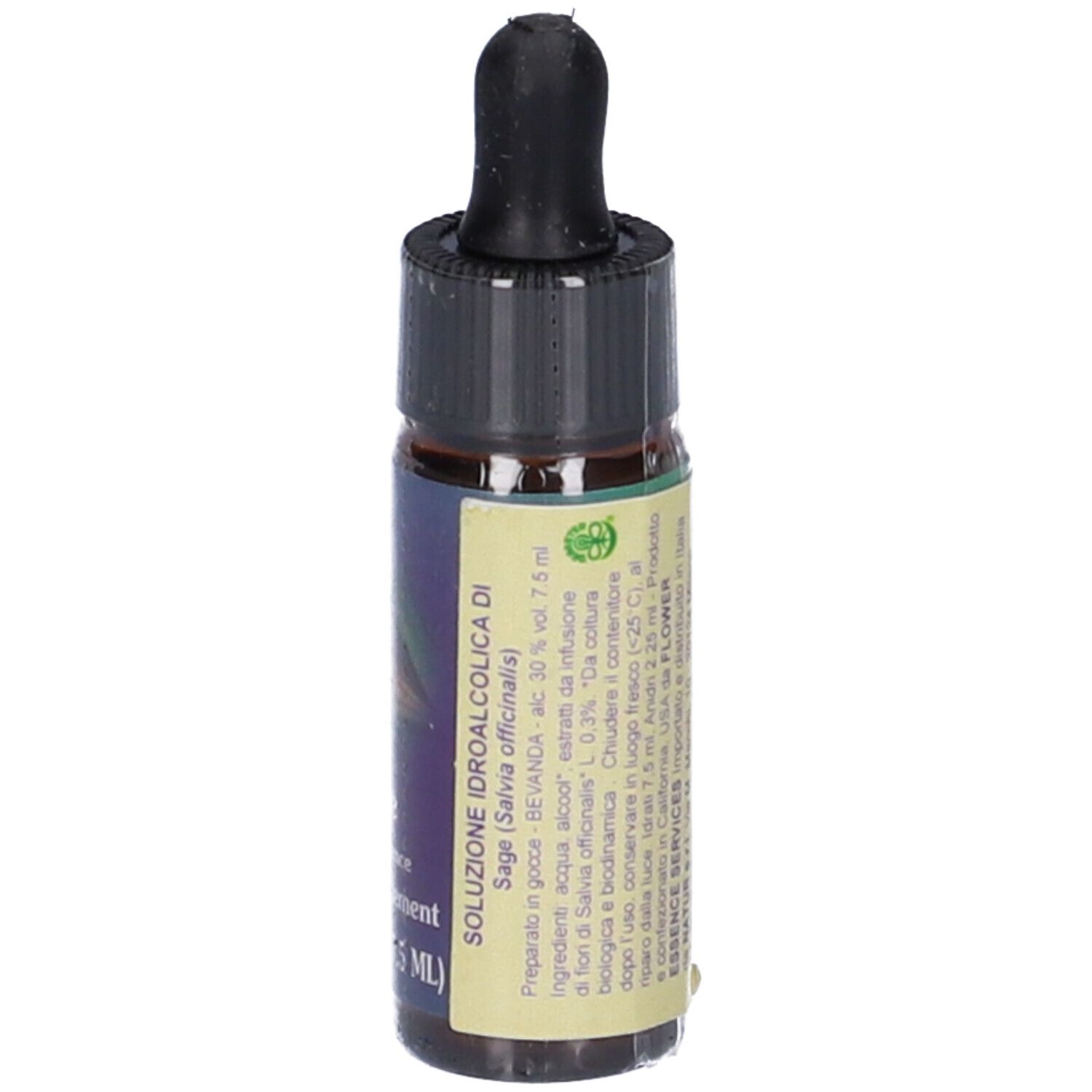 Flacone di vetro marrone con tappo nero e contagocce. Etichetta con informazioni sul prodotto e ingredienti.