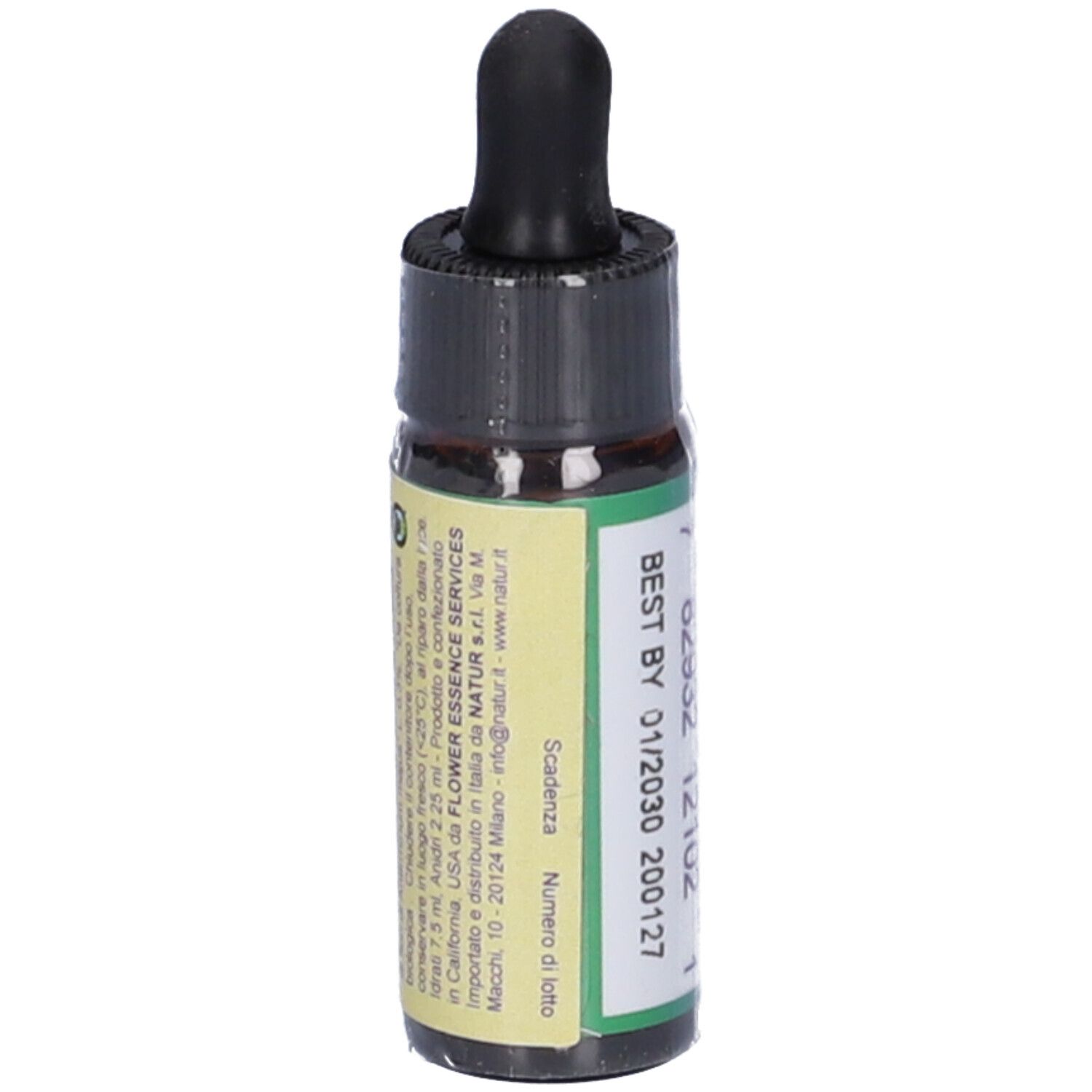 Flacone di vetro marrone con contagocce nero. Scritta: Best by 01/2030 200127. Altre informazioni e numero di lotto.