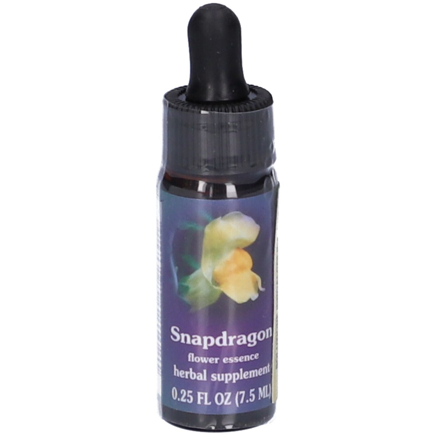 Flacone di vetro marrone con contagocce nero. Scritta: Snapdragon flower essence herbal supplement 0.25 FL OZ (7.5 ML).