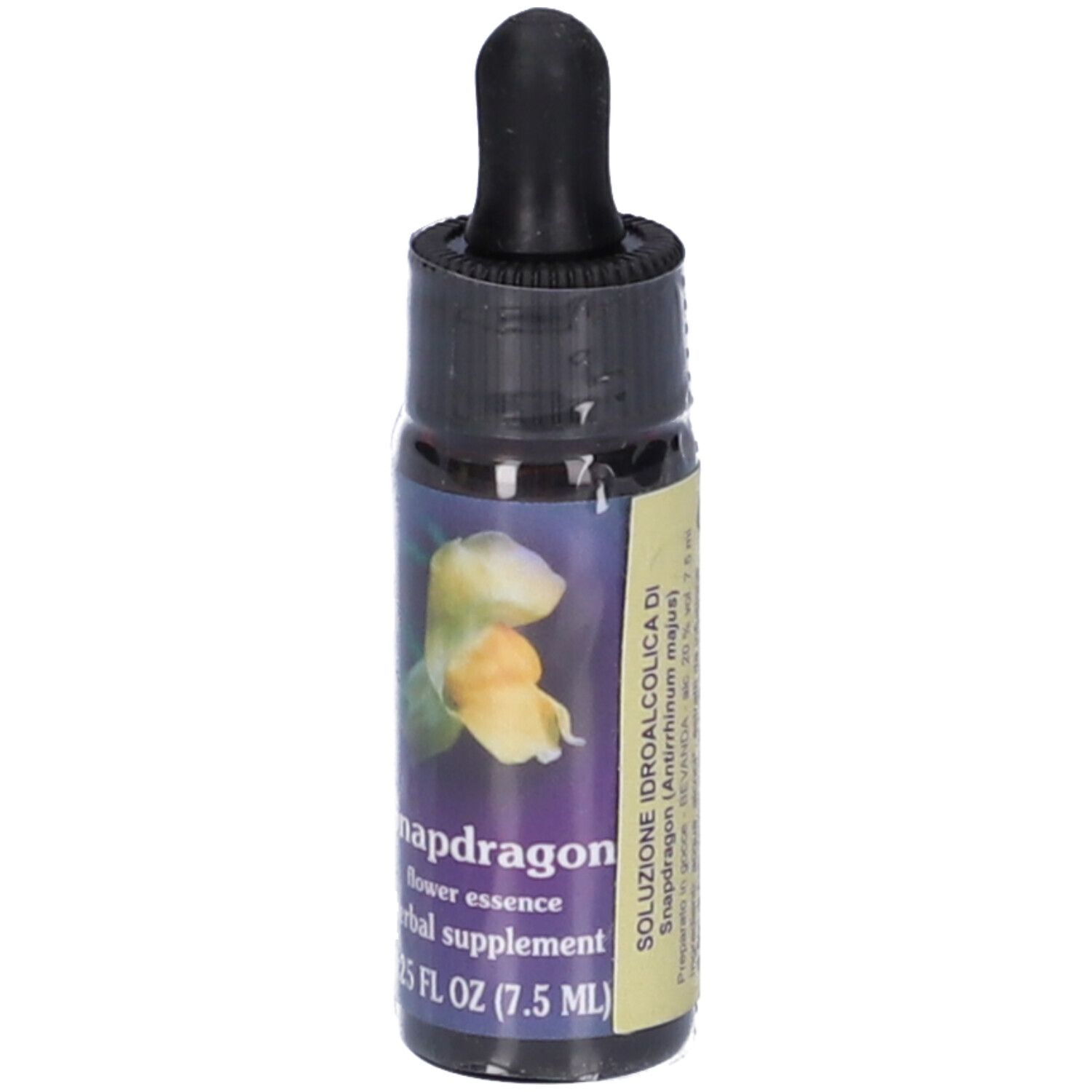 Flacone di vetro marrone con contagocce nero. Scritta: Soluzione idroalcolica di Snapdragon (Antirrhinum majus).