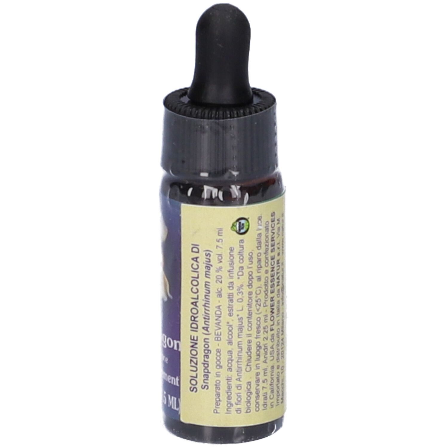 Flacone di vetro marrone con contagocce nero. Scritta: Soluzione idroalcolica di Snapdragon (Antirrhinum majus). Elenco ingredienti.