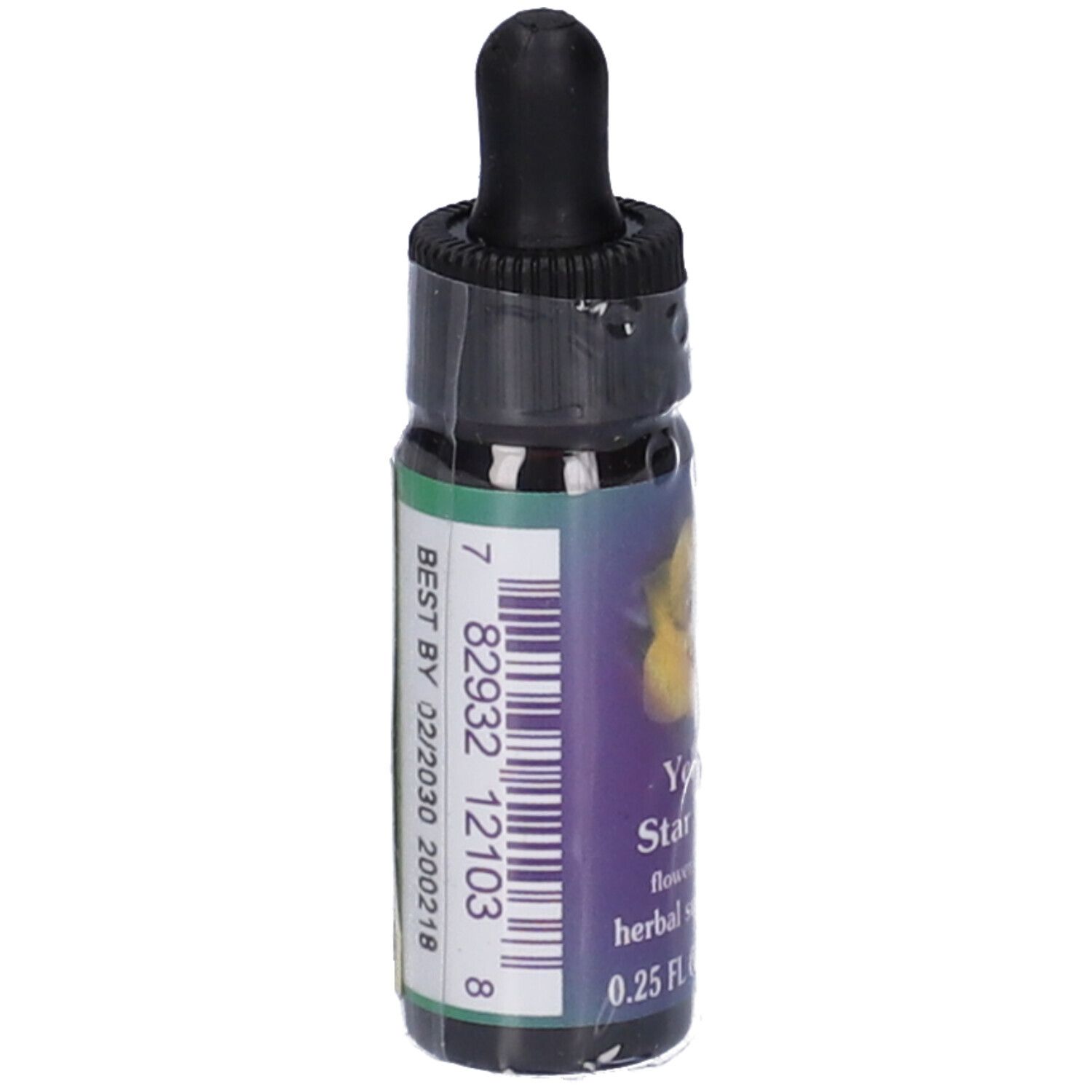 Piccola bottiglia di vetro con tappo nero e contagocce. Scritta: Yellow Star Tulip, 0.25 FL OZ (7.5 ml). Da consumarsi preferibilmente entro 02/2030.