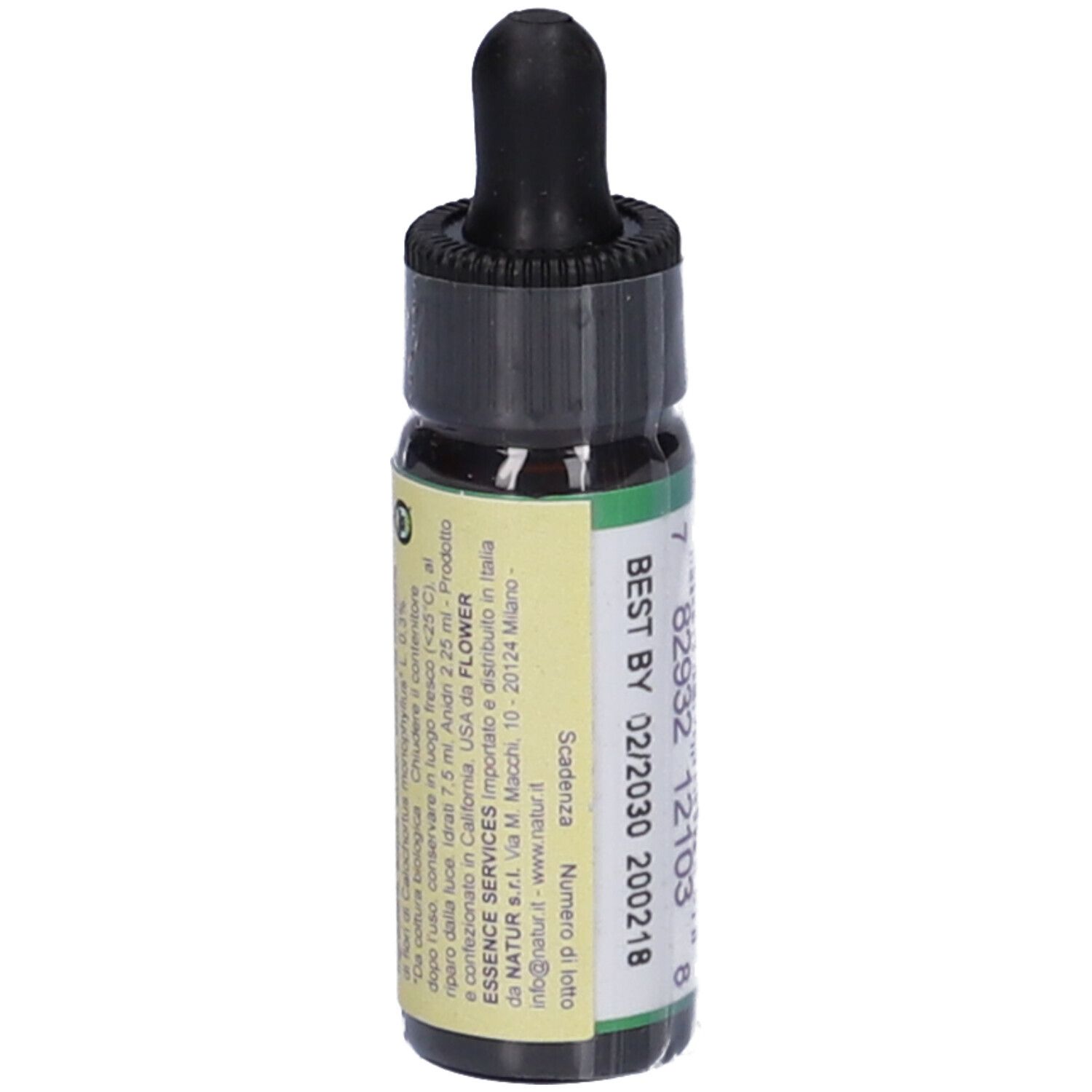 Piccola bottiglia di vetro con tappo nero e contagocce. Scritta: Yellow Star Tulip, 0.25 FL OZ (7.5 ml). Da consumarsi preferibilmente entro 02/2030.