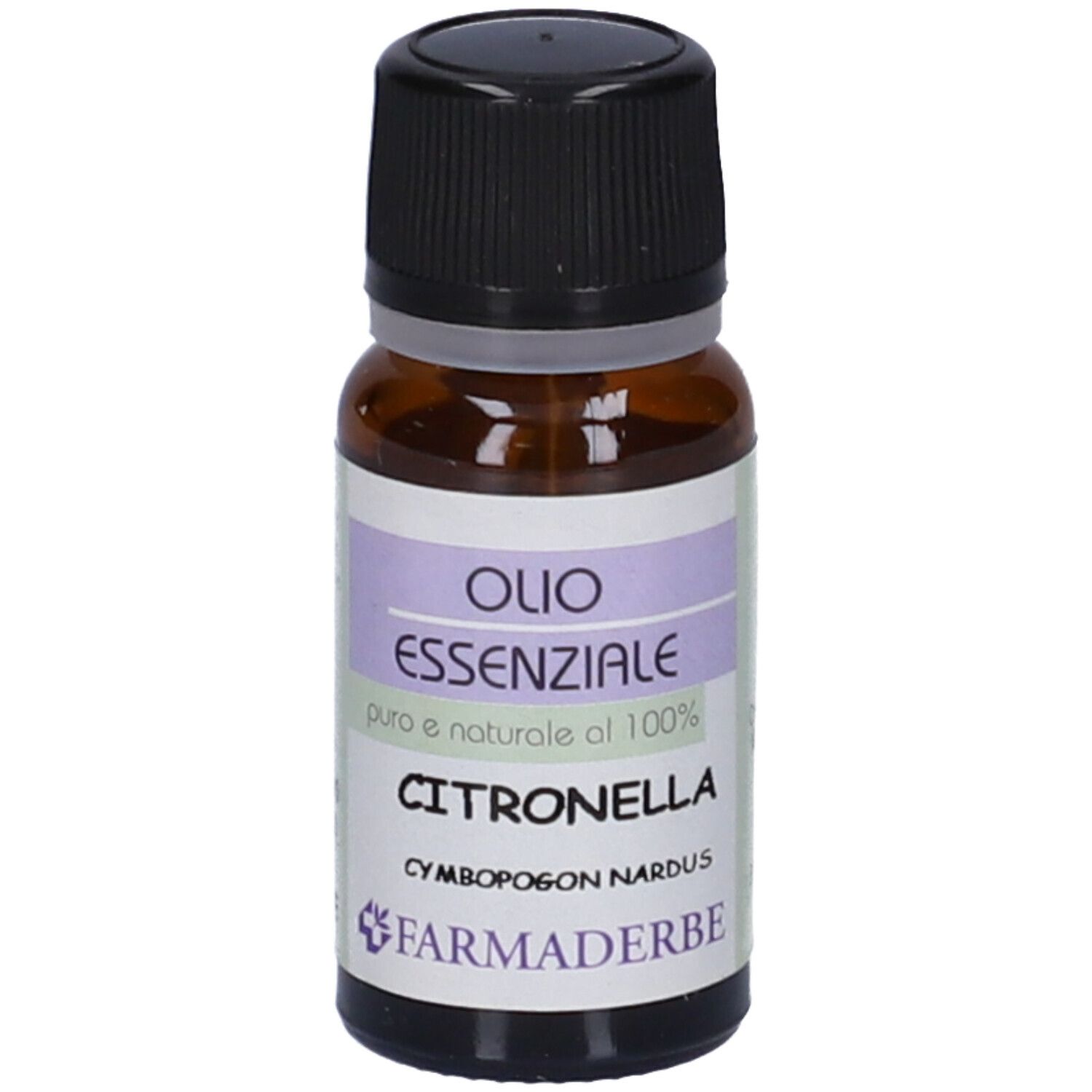 Flacone di vetro marrone con tappo nero. Etichetta con testo: OLIO ESSENZIALE CITRONELLA. Marchio: Farmaderbe.