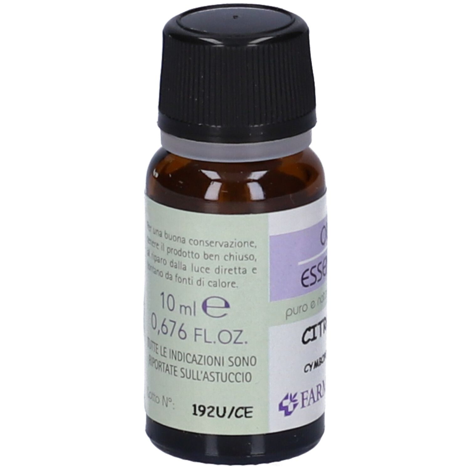 Flacone di vetro marrone con tappo nero. Etichetta con testo: OLIO ESSENZIALE CITRONELLA. Marchio: Farmaderbe. 10 ml.