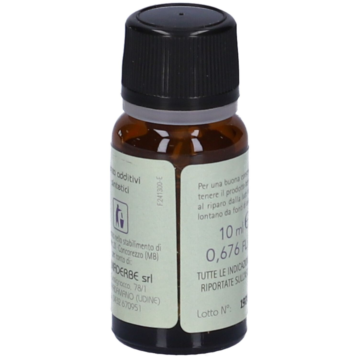 Flacone di vetro marrone con tappo nero. Etichetta con testo: OLIO ESSENZIALE CITRONELLA. Marchio: Farmaderbe. 10 ml.