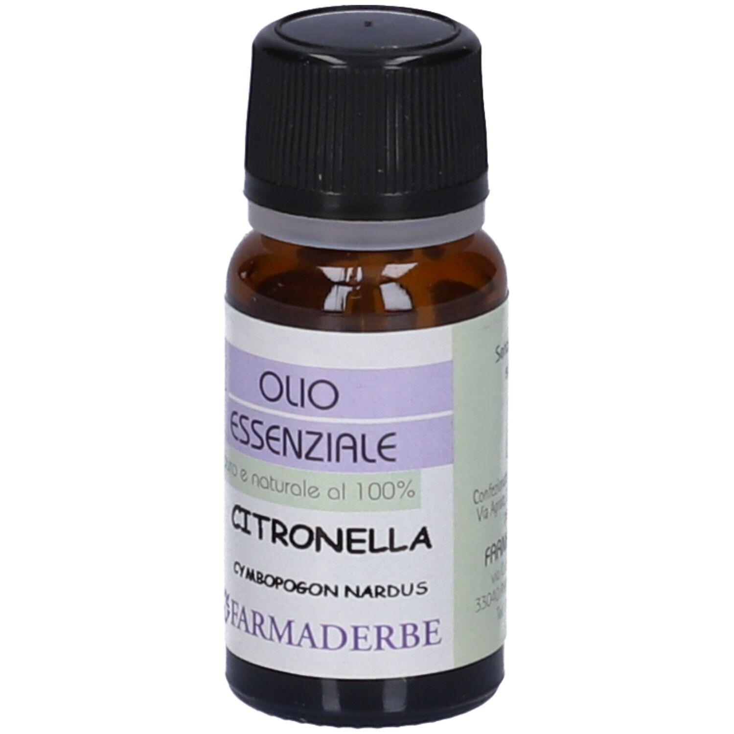 Flacone di vetro marrone con tappo nero. Etichetta con testo: OLIO ESSENZIALE CITRONELLA. Marchio: Farmaderbe.