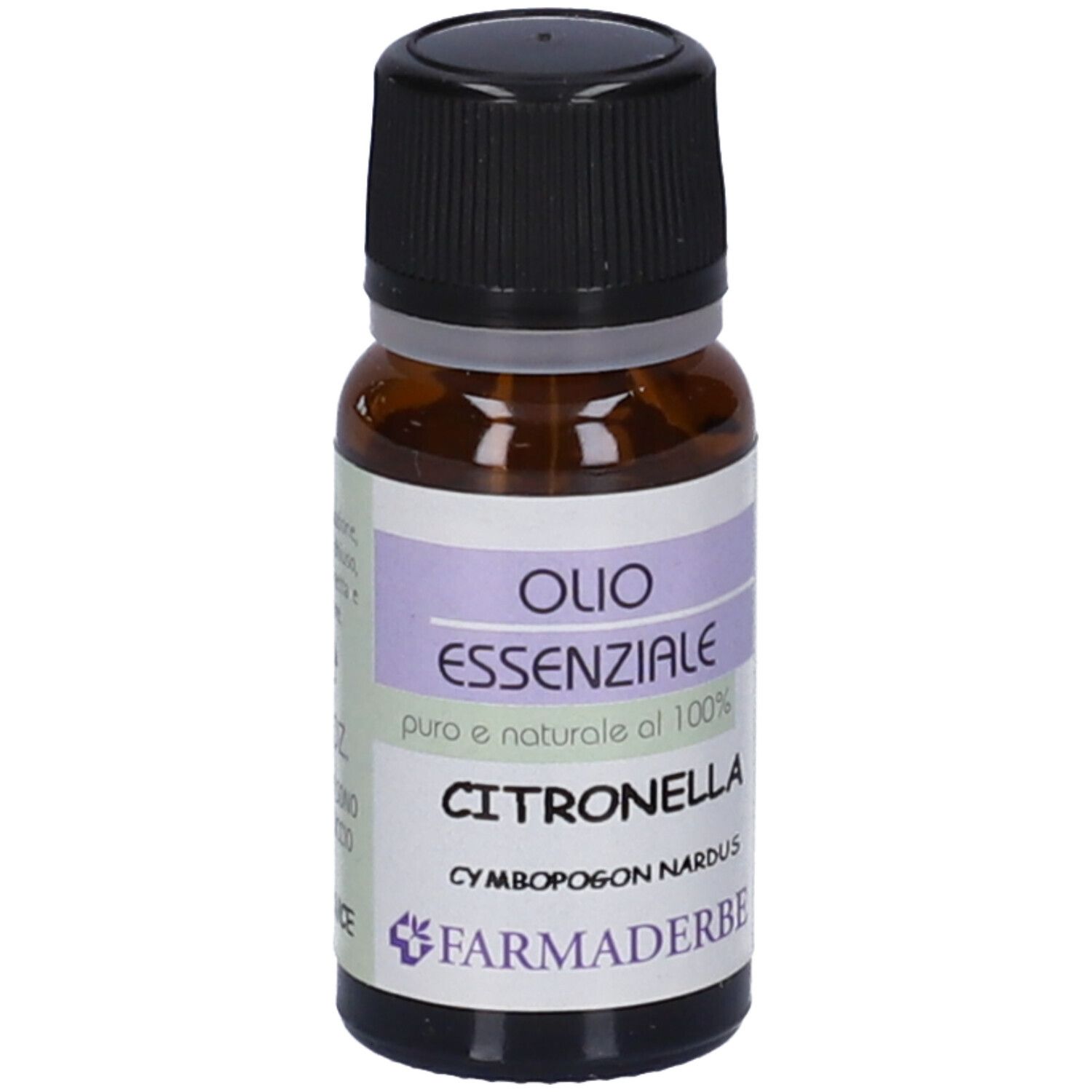 Flacone di vetro marrone con tappo nero. Etichetta con testo: OLIO ESSENZIALE CITRONELLA. Marchio: Farmaderbe.