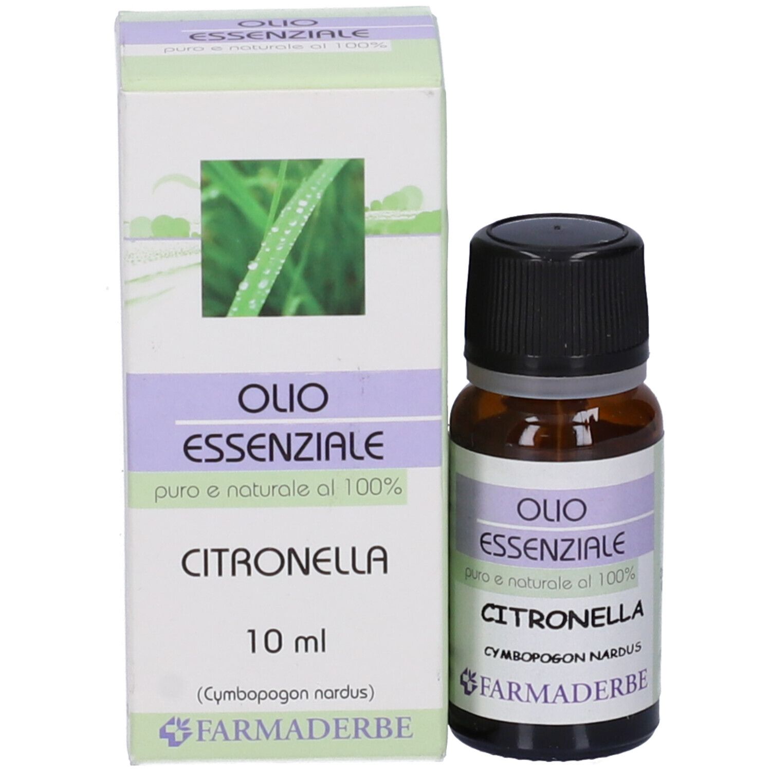 Flacone di vetro marrone e confezione. OLIO ESSENZIALE CITRONELLA. Marchio: Farmaderbe. 10 ml.