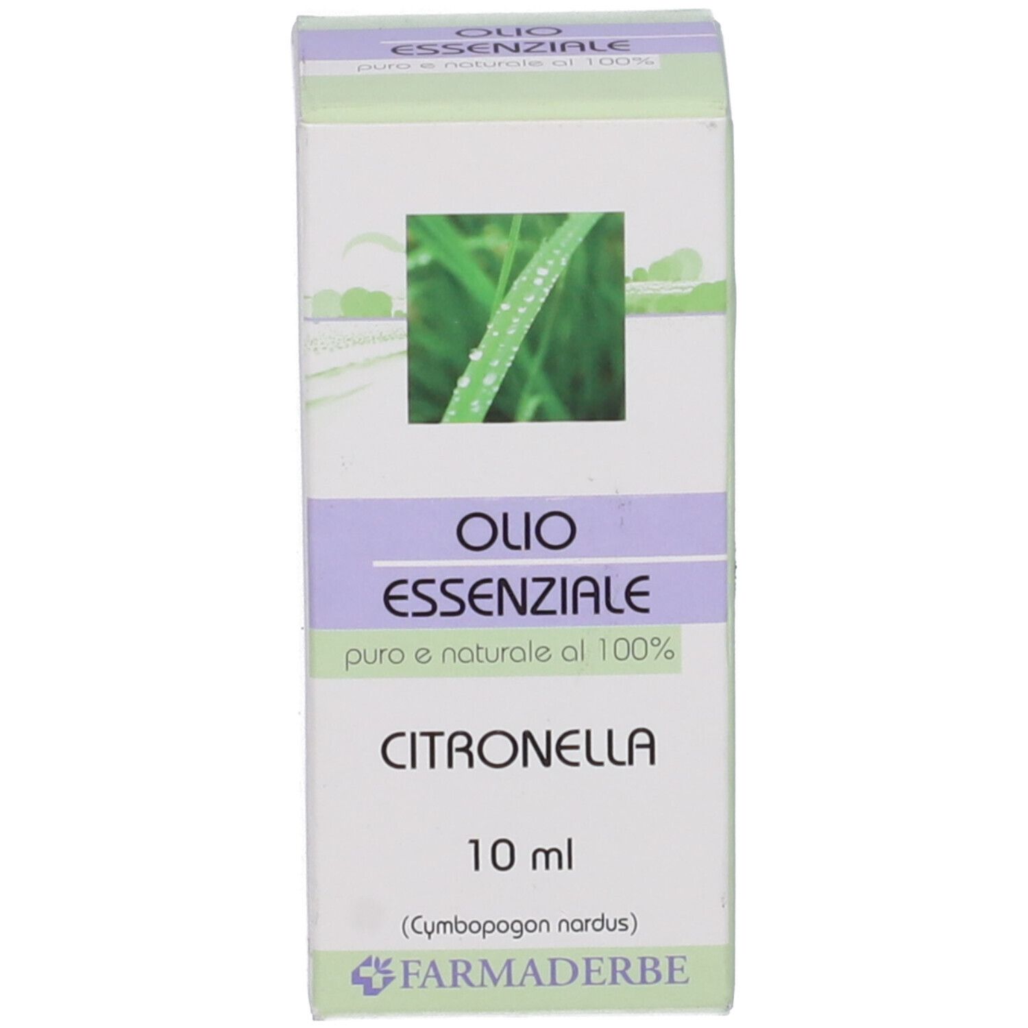 Scatola di OLIO ESSENZIALE CITRONELLA. Immagine e testo. Marchio: Farmaderbe. 10 ml.