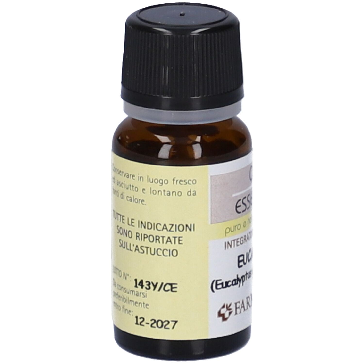 Flacone in vetro marrone con tappo nero. Etichetta con testo e informazioni. Nome del prodotto non visibile.