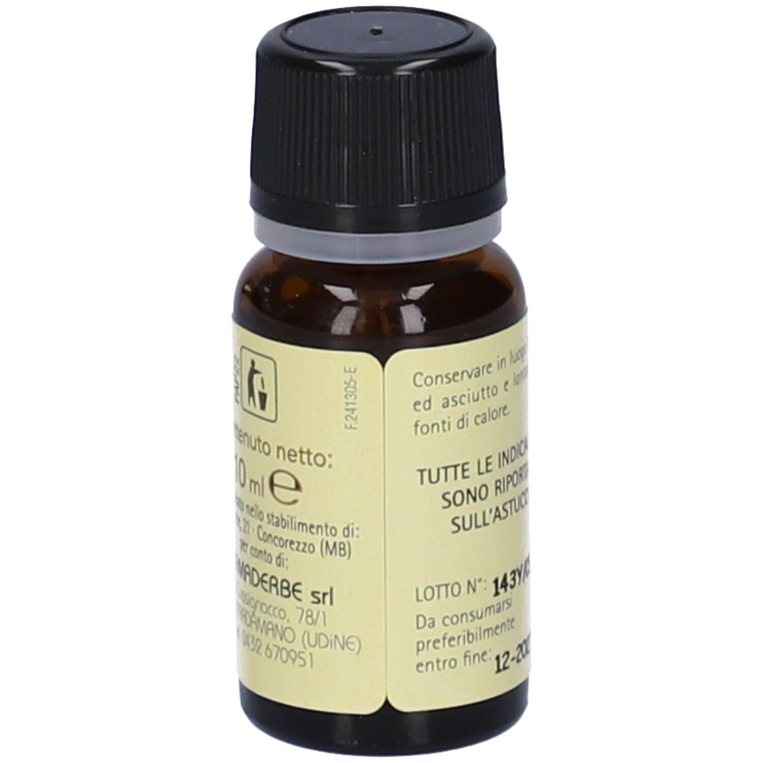Flacone in vetro marrone con tappo nero. Etichetta con testo e informazioni. Nome del prodotto non visibile.