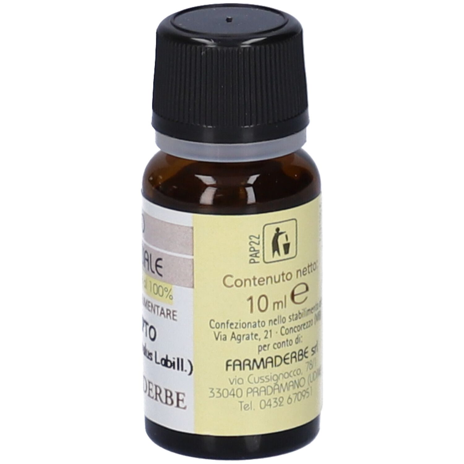 Flacone in vetro marrone con tappo nero. Etichetta con testo e informazioni. Nome del prodotto non visibile.