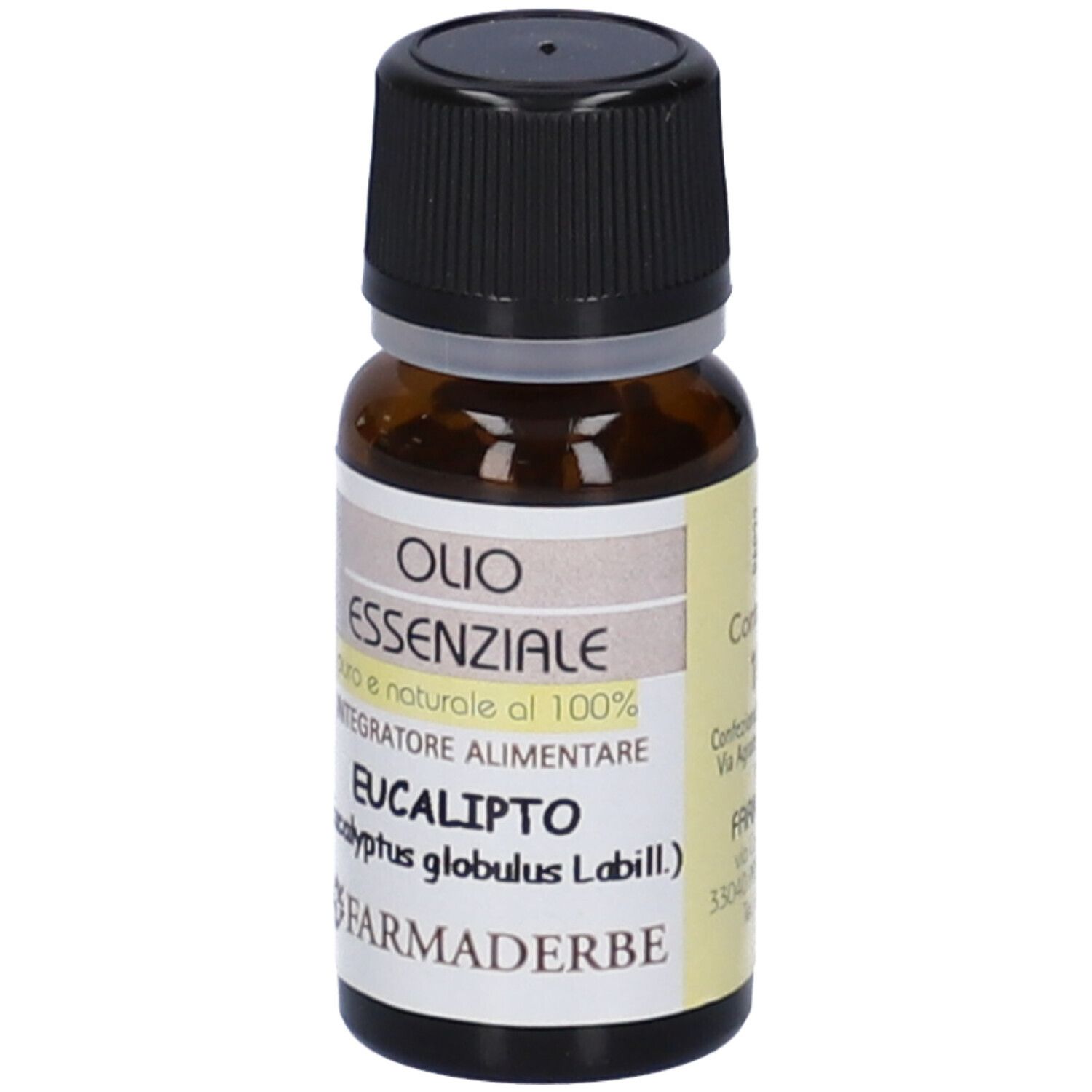 Flacone in vetro marrone con tappo nero. Etichetta con testo: Olio Essenziale Eucalipto, Farmaderbe.