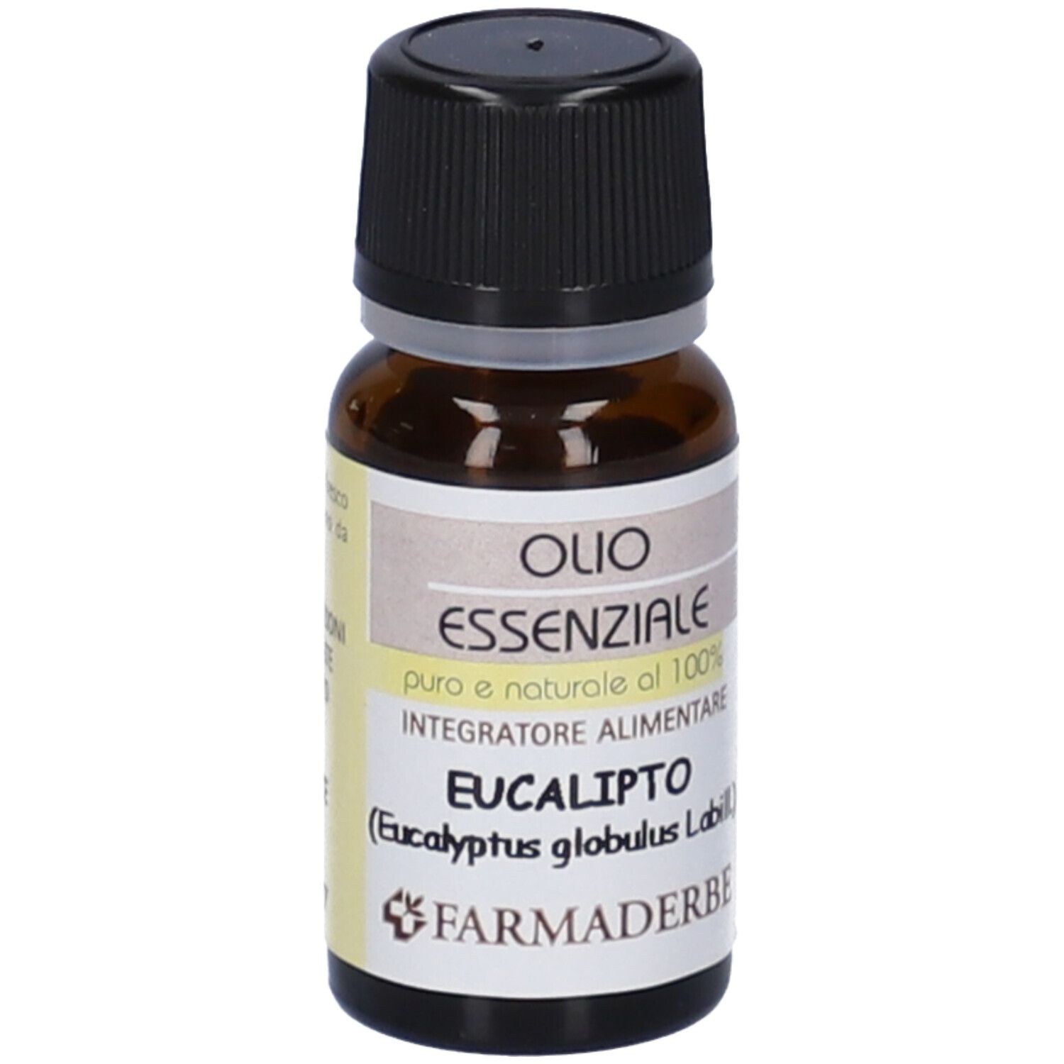 Flacone in vetro marrone con tappo nero. Etichetta con testo: Olio Essenziale Eucalipto, Farmaderbe.