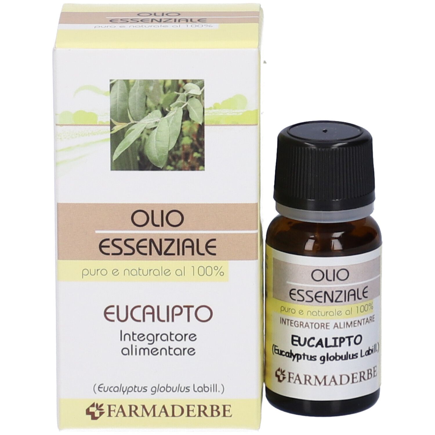 Flacone in vetro marrone con tappo nero e scatola. Sulla scatola: Olio Essenziale Eucalipto, Farmaderbe.