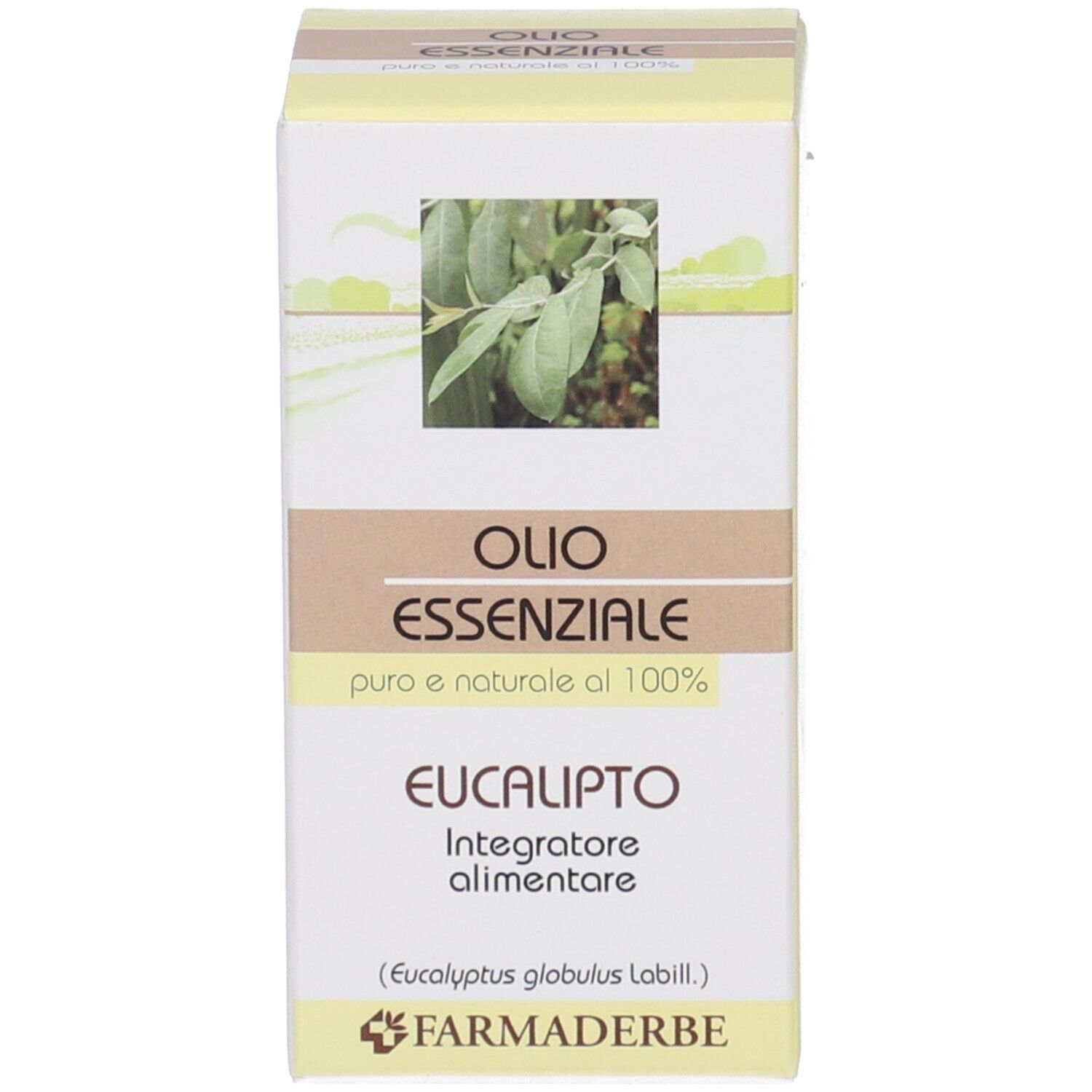 Scatola con testo: Olio Essenziale Eucalipto. Immagine di foglie. Marchio Farmaderbe.