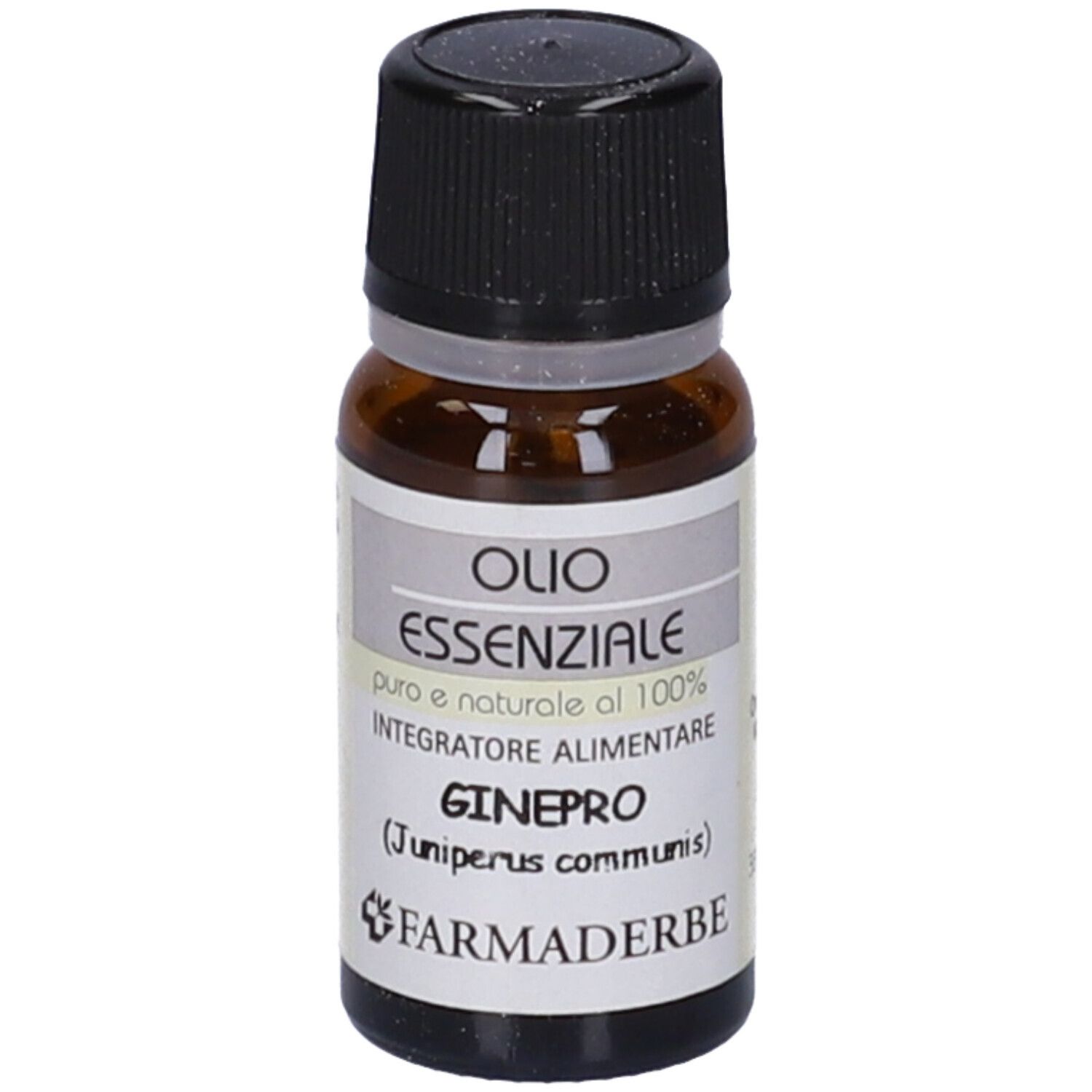 Flacone di vetro marrone con tappo nero. Etichetta con testo: Olio Essenziale, GINEPRO, Farmaderbe.