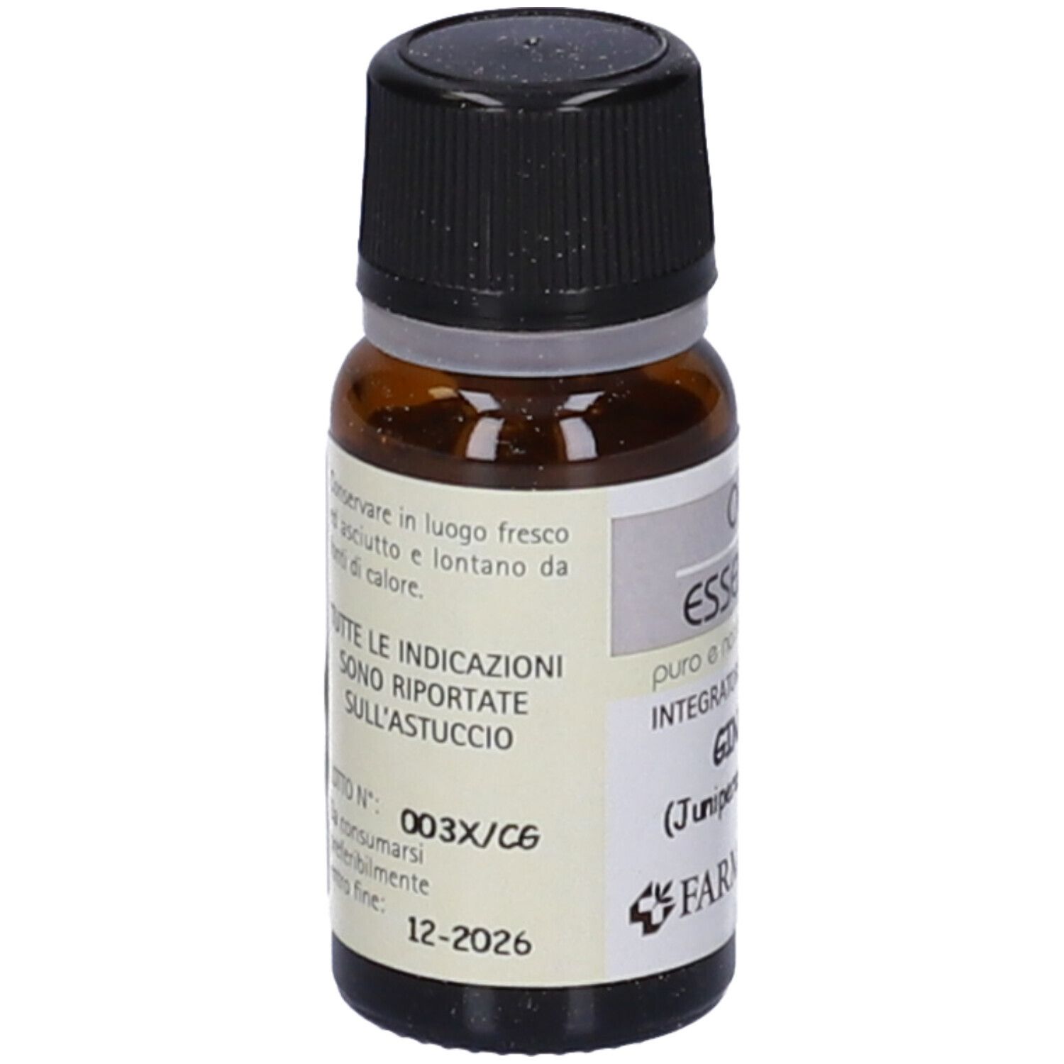 Flacone di vetro marrone con tappo nero. Etichetta con testo e data di scadenza: 12-2026.