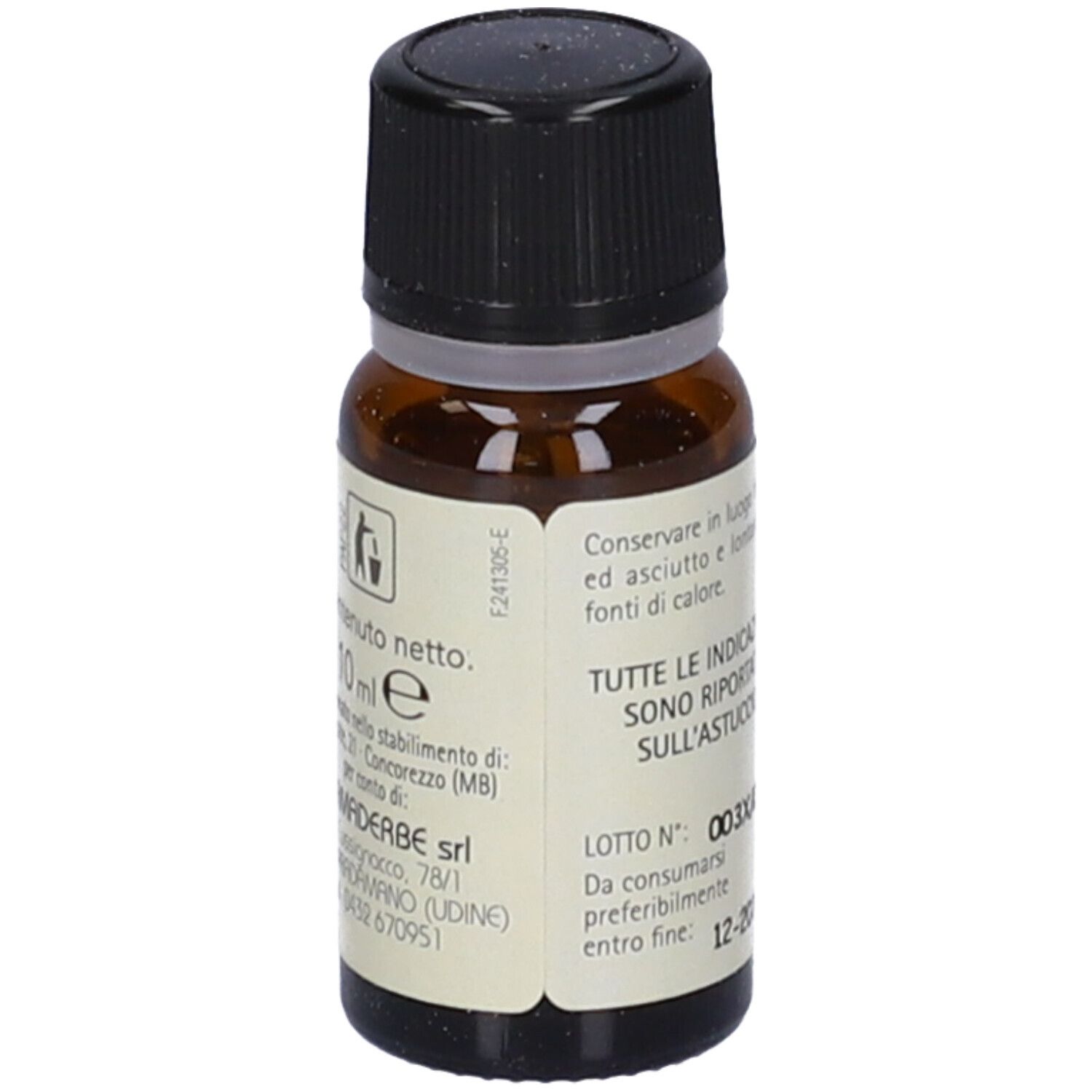 Flacone di vetro marrone con tappo nero. Etichetta con testo e simboli. Contenuto: 10 ml.
