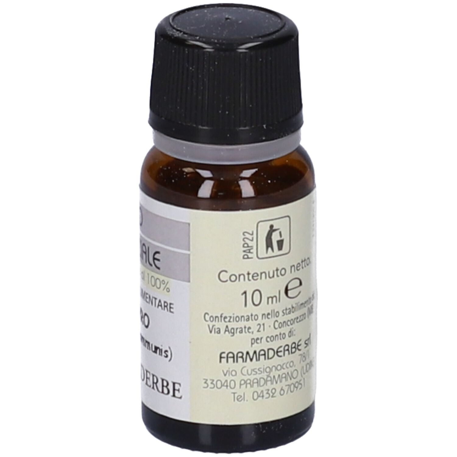 Flacone di vetro marrone con tappo nero. Etichetta con testo e simboli. Contenuto: 10 ml.