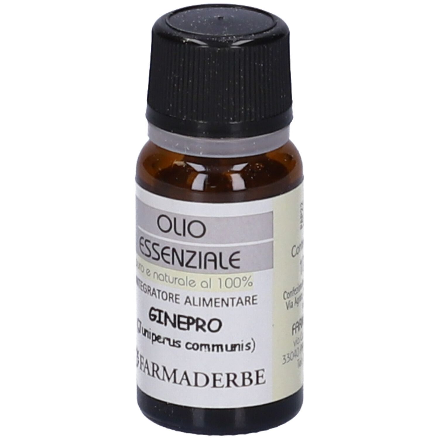 Flacone di vetro marrone con tappo nero. Etichetta con testo: Olio Essenziale, GINEPRO, Farmaderbe.