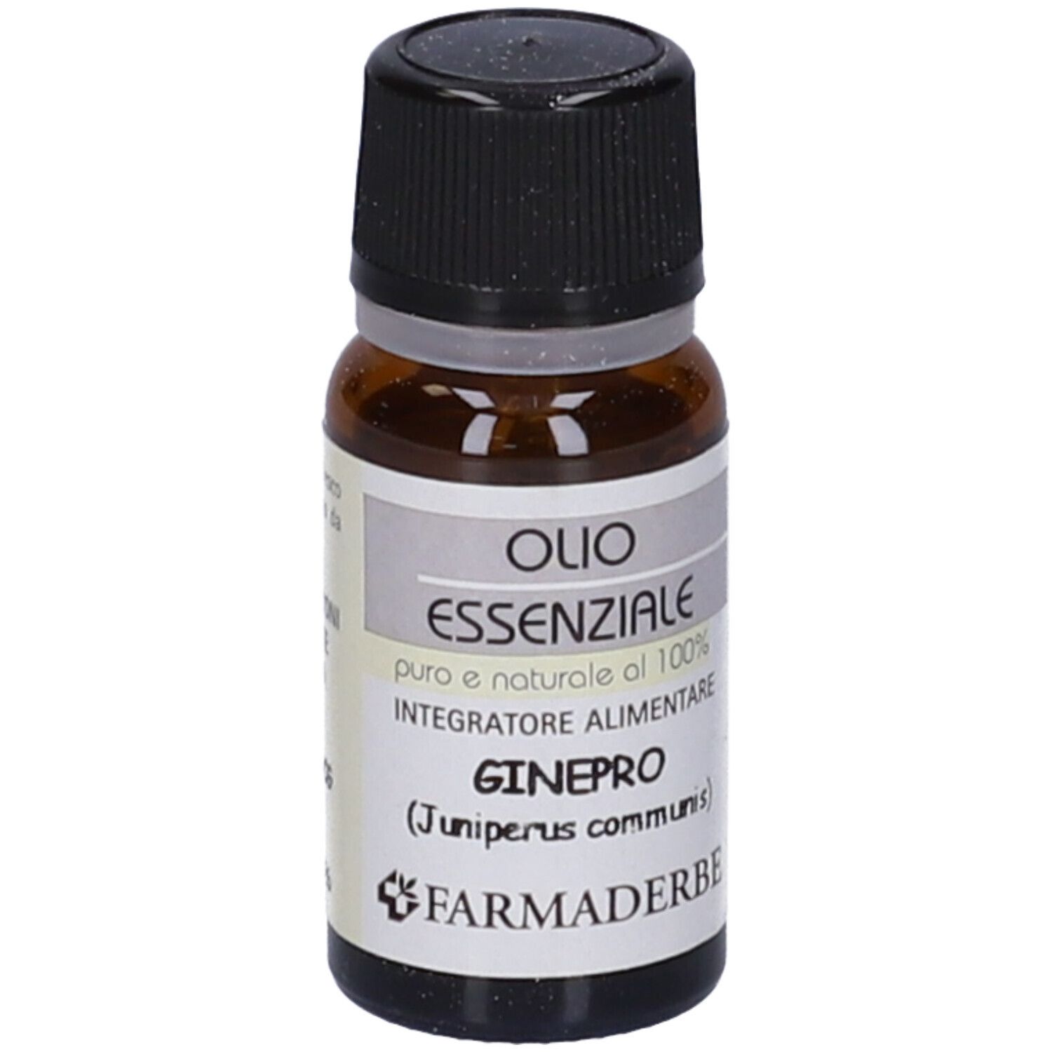 Flacone di vetro marrone con tappo nero. Etichetta con testo: Olio Essenziale, GINEPRO, Farmaderbe.