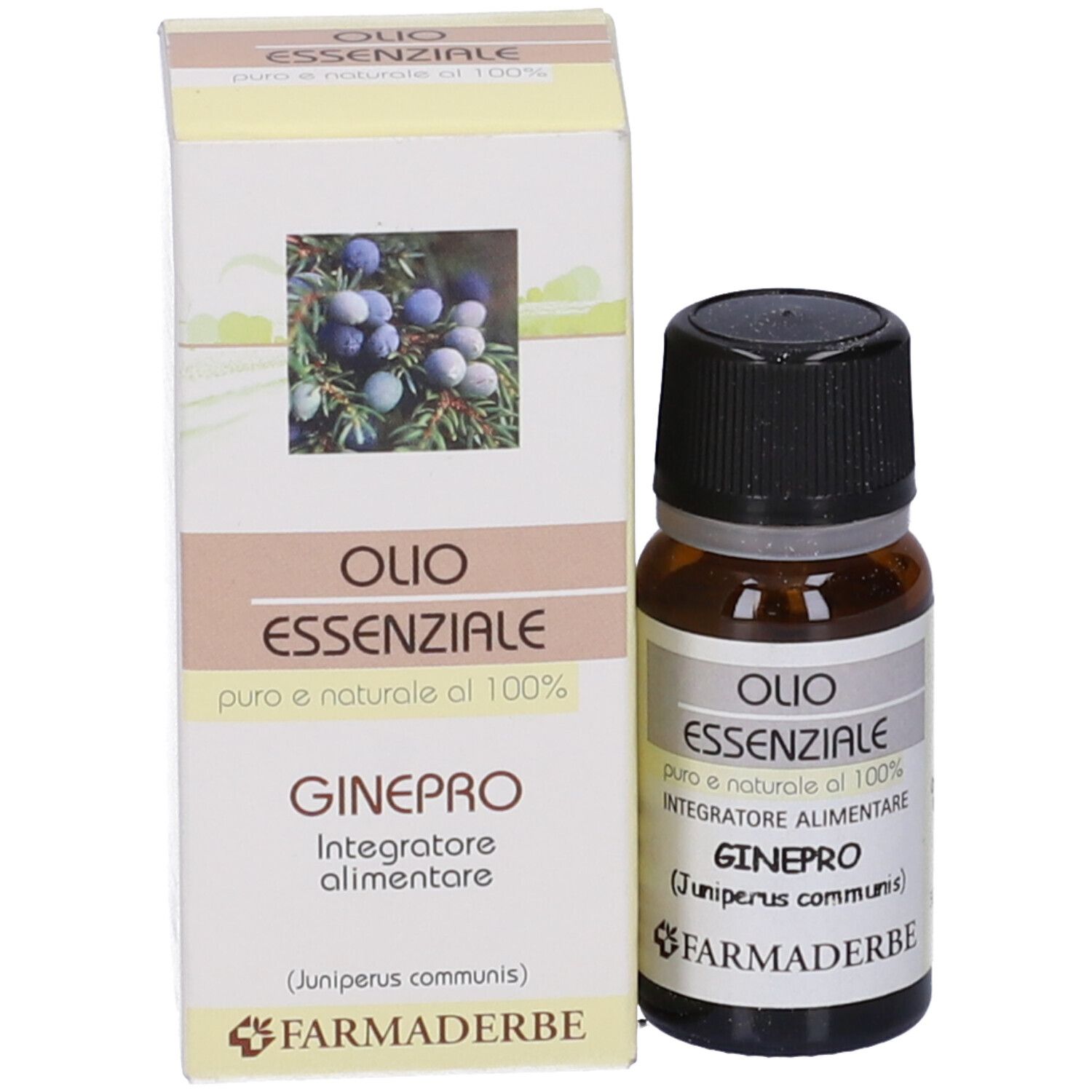 Flacone di vetro marrone e scatola. Sulla scatola: Olio Essenziale, GINEPRO, Farmaderbe. Flacone accanto.